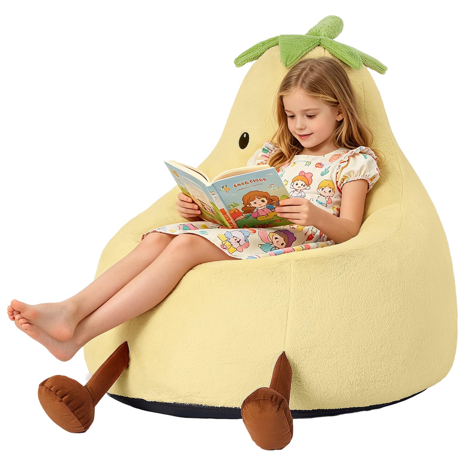 24 Inches Memory Foam Bean Bag Chair - Ultra Soft Faux Rabbit Fur Round Sofa with Handle &amp; Machine Washable Cover, Comfy Lazy Chair for Kids Teens, Perfect for Reading Gaming in Living Room，Yellow