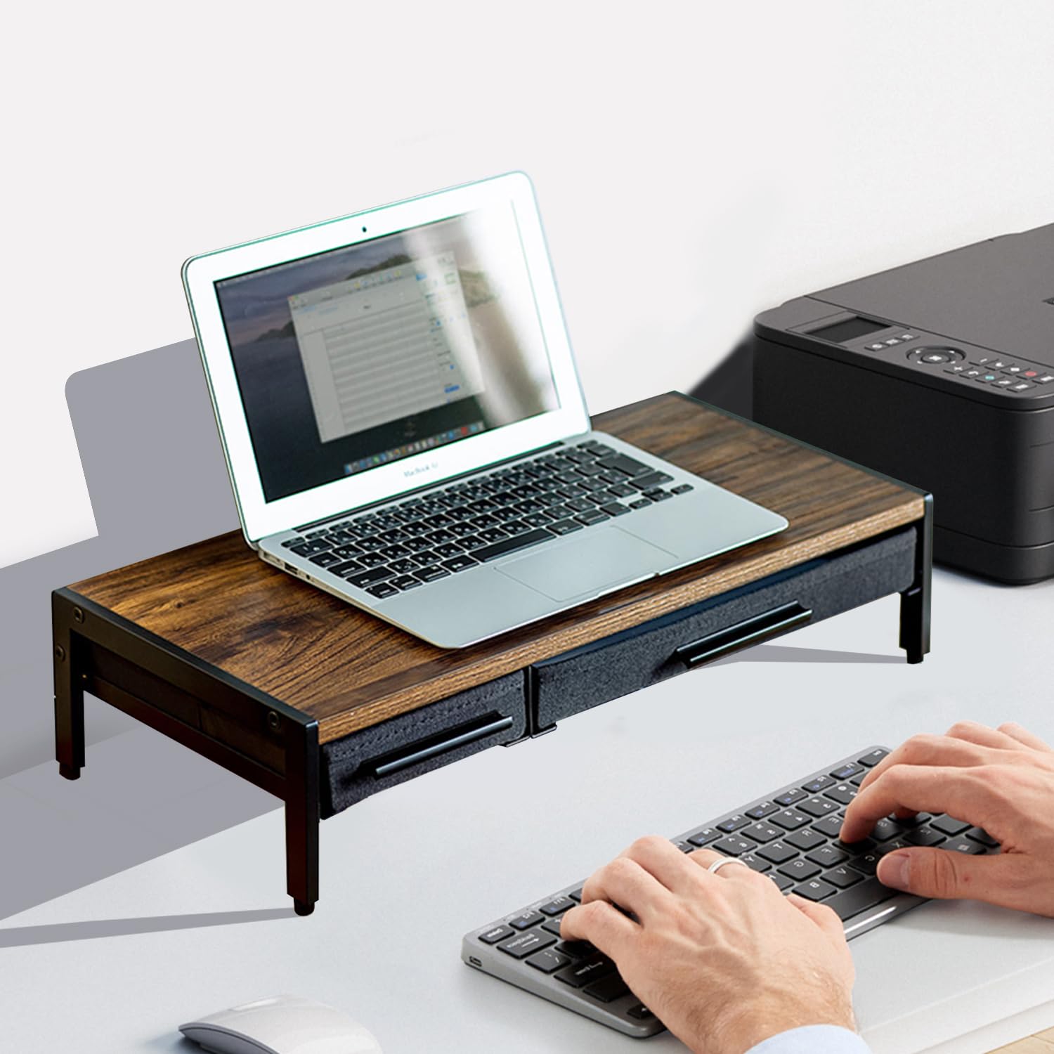 Monitor Stand Riser with 2 Drawers, Computer Monitor Stand for Laptop Screen Printer TV, Wood & Steel Desktop Organizer Riser for Home Office