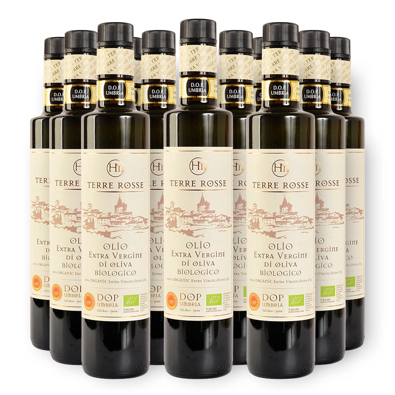 Terre Rosse - Włoska Organiczna Oliwa z Oliwek Extra Virgin Tłoczona na Zimno - Monokulturowa Moraiolo - Certyfikaty DOP Umbria i Kosher/P - Olive Harvest 2024 - Opakowanie 12 Butelki 500 ml