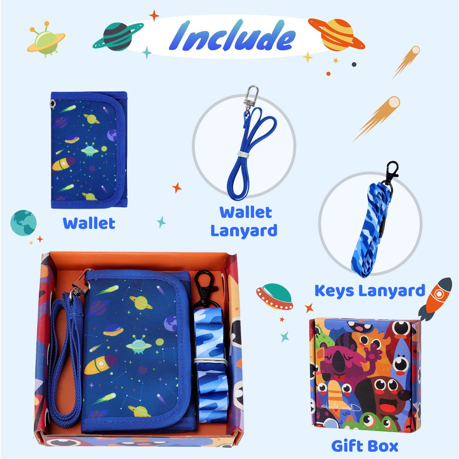 Choco Mocha Kids Wallets for Boys 3-5 6-8 Space Velcro Wallet with Zippered Coin Pocket Card Holders, Little Boys Toy Wallets for Kids Travel Wallets with Lanyard Gift Box, Blue : Clothing, Shoes & Jewelry