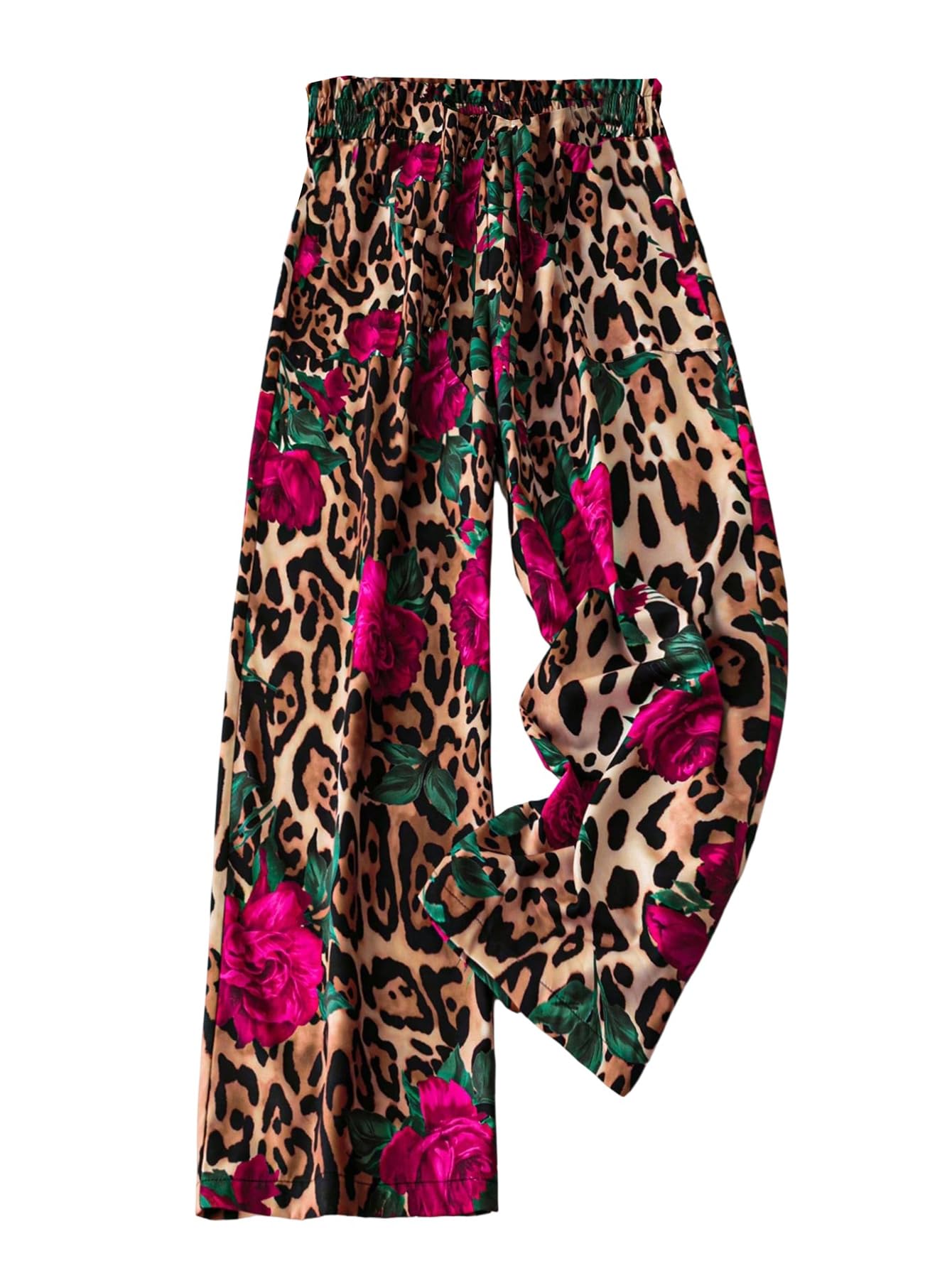MakeMeChic Womens Floral Cheetah Print Pants High Waisted Tie Front Wide Leg Summer Vacation Trousers