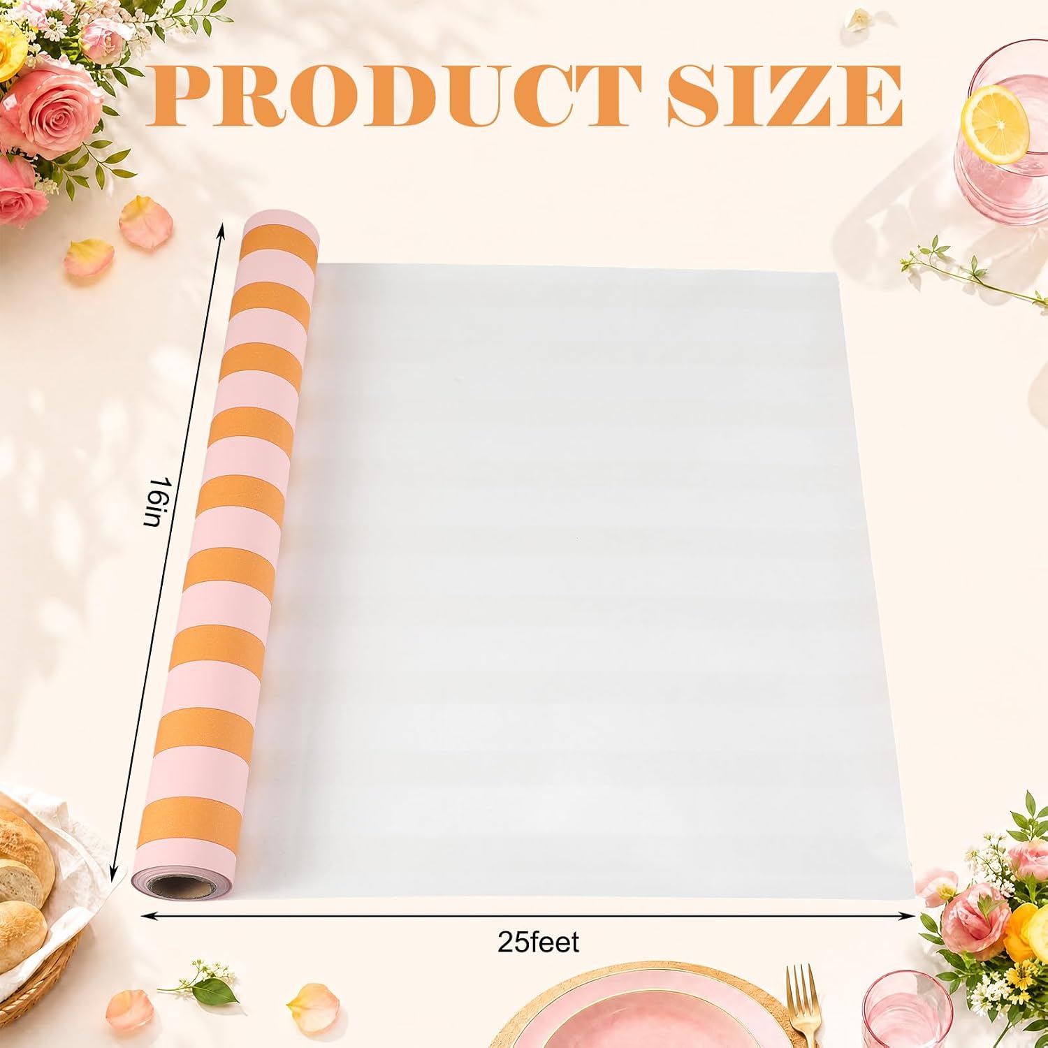 AmazingSpark Pink Orange Striped Table Runner Roll - 25' Long x 16" Wide Disposable Paper Cabana Striped Table Runner for Birthday Wedding Carnival Christmas Party Kitchen Dining Tabletop Decor
