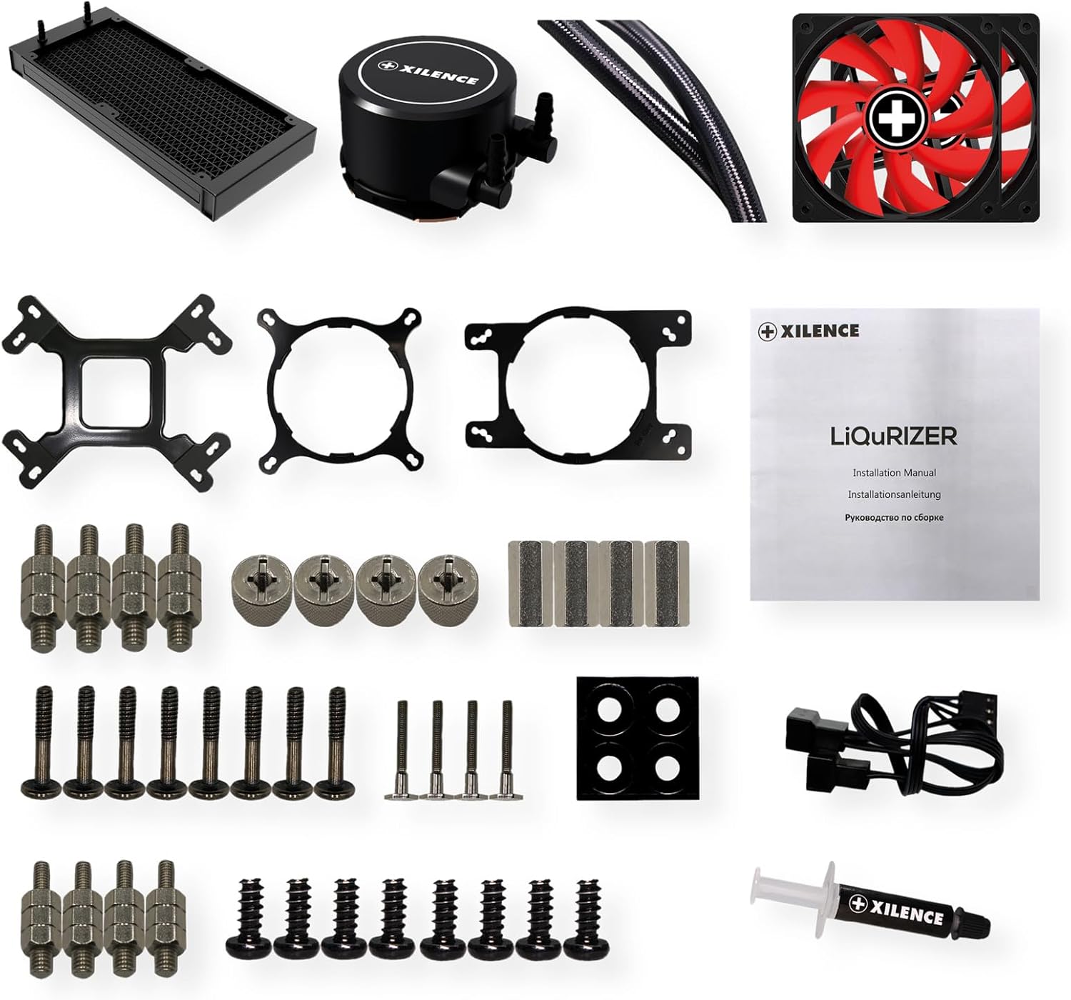 All components of the Xilence LQ240 AiO Water Cooling System laid out