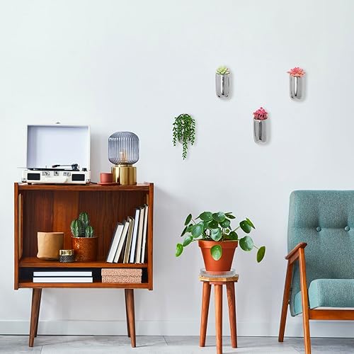 Miniatura 3 de MyGift Juego de 4 macetas modernas de cerámica metálica para colgar en la pared, maceta cilíndrica para suculentas, maceta para suculentas