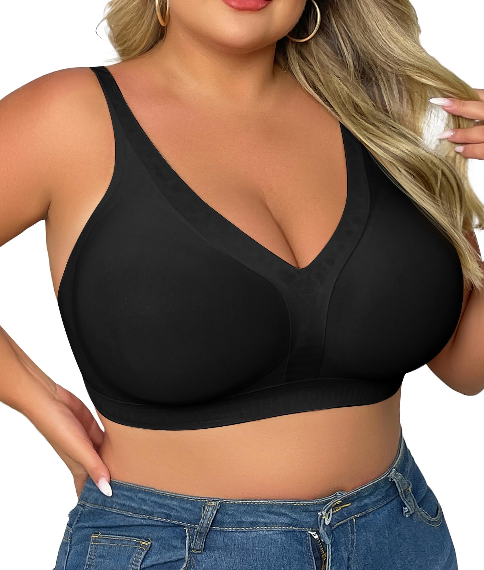 Women's Deep V Everyday Bras Wireless Comfort No Underwire Bralettes Soft Push Up Bra Regular and Plus Size