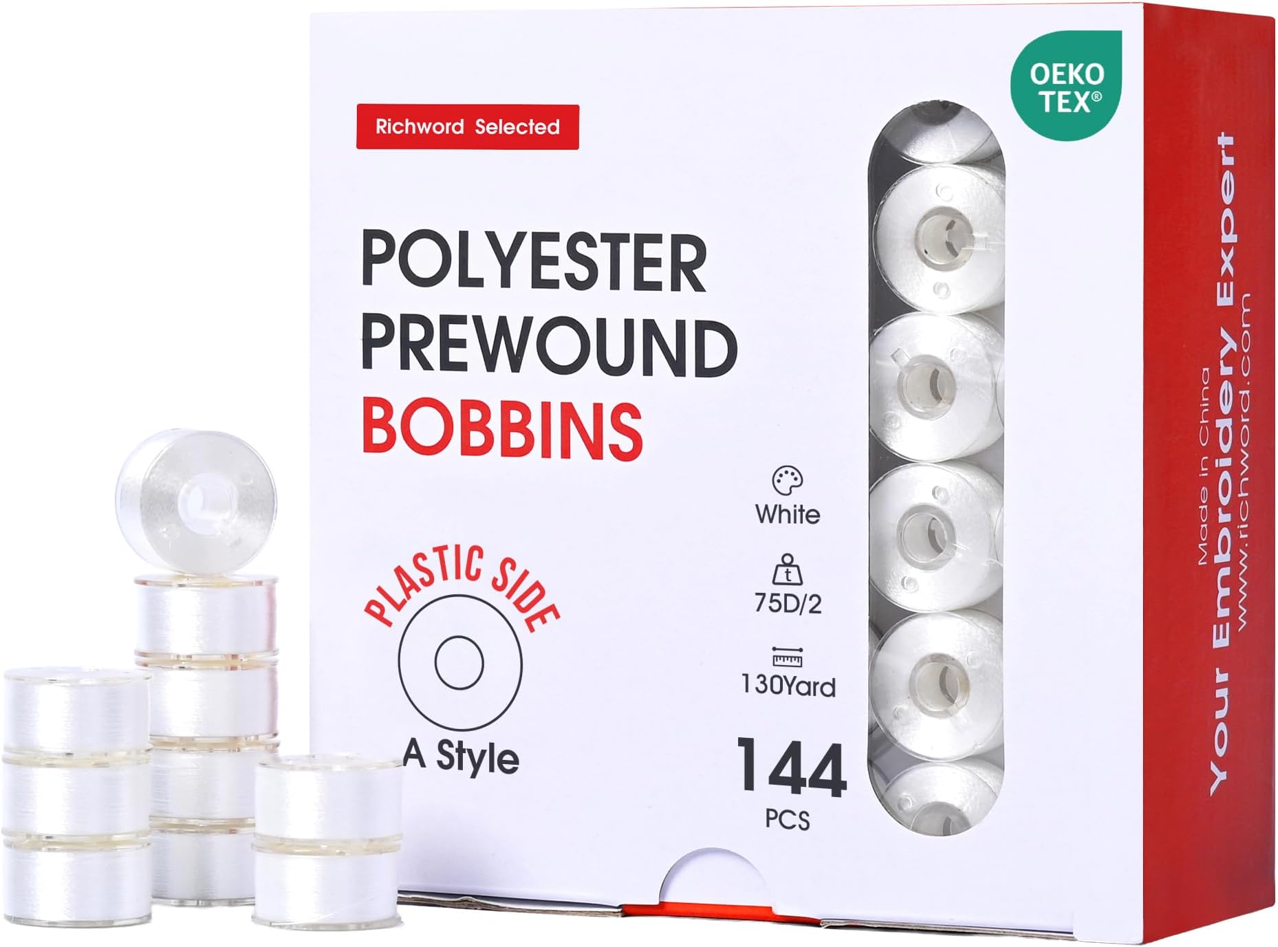 Prewound Bobbins Richword Selected 144pcs, Size A (Class 15 / SA156), 75D Polyester Bobbin Thread, Plastic Sided, for Single Needle Embroidery & Sewing Machines, White