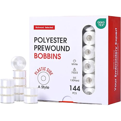Richword Selected Prewound Bobbins 144pcs (Class 15) Size A Plastic Sided, 75D/2(60WT) Polyester Bobbin Thread for Single Needle Embroidery and Sewing Machine, White 130 Yards