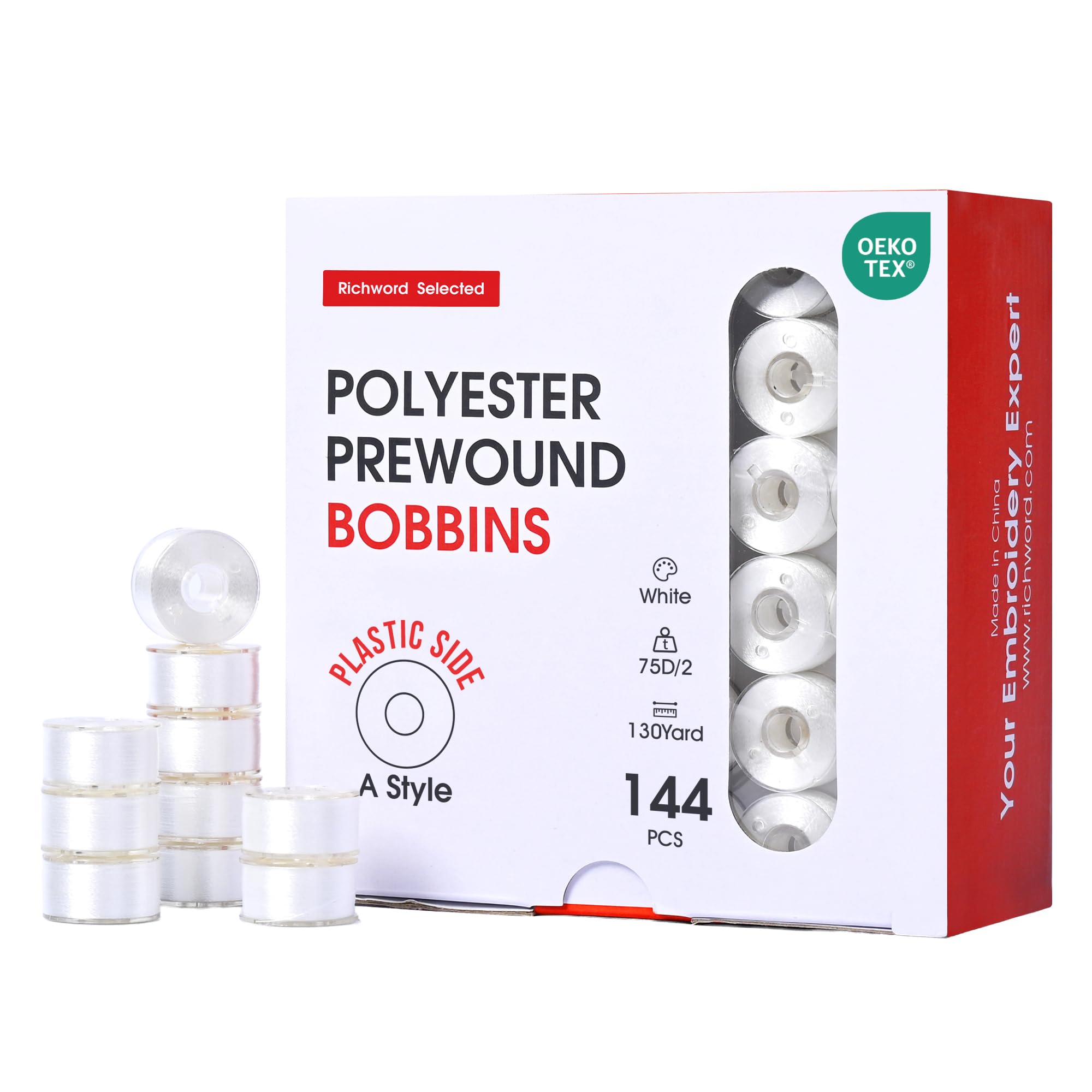 - Richword Selected Prewound Bobbins 144pcs, Size A (Class 15 / SA156), 75D Polyester Bobbin Thread, Plastic Sided, for Single Needle Embroidery & Sewing Machines, White