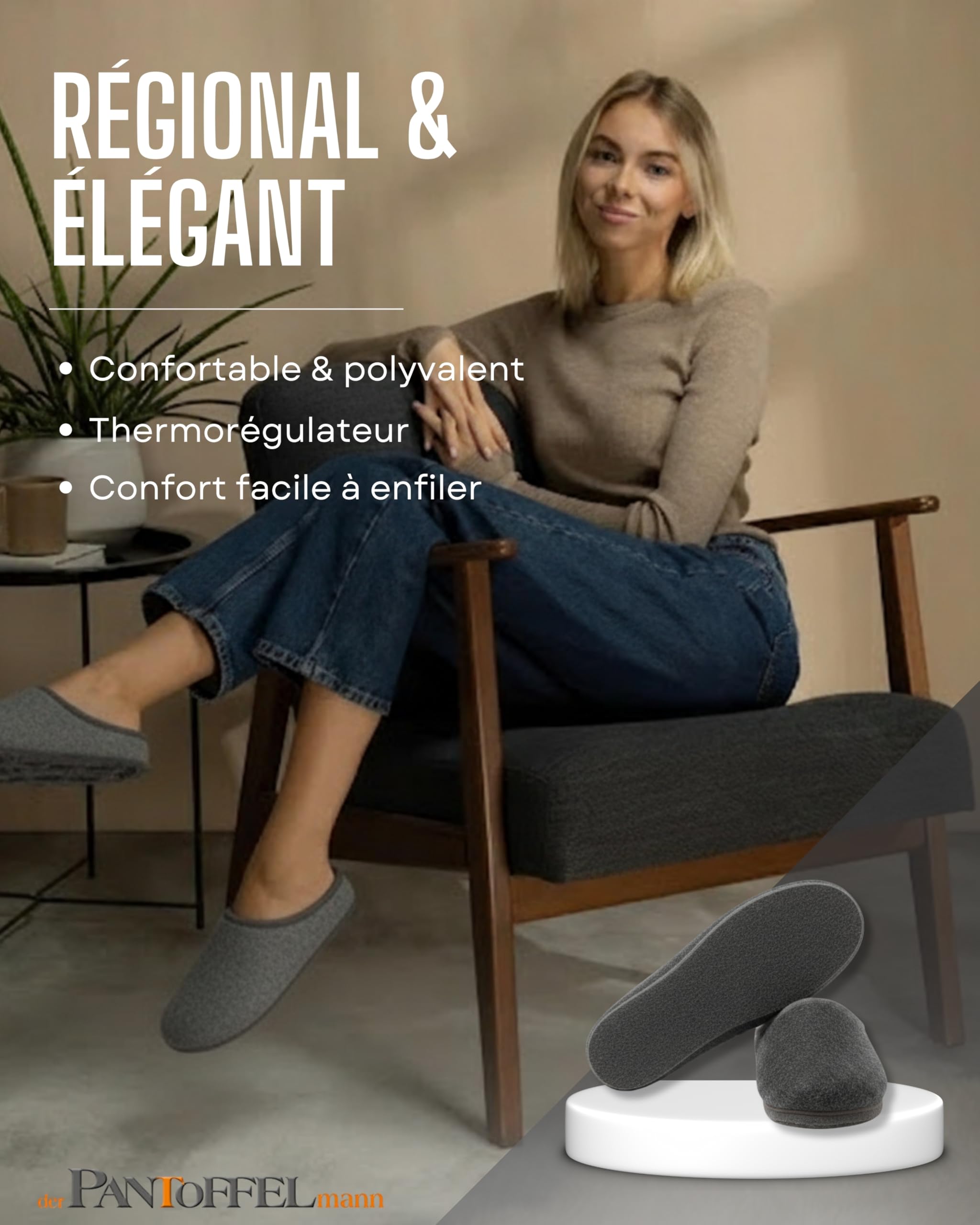 Pantoffelmann Chaussons en feutre avec semelle en feutre | Rouge/Gris/Bleu marine | Tailles 36 à 48 | Pantoufles respirants et confortables pour femmes et hommes | Chaussures élégants et chauds