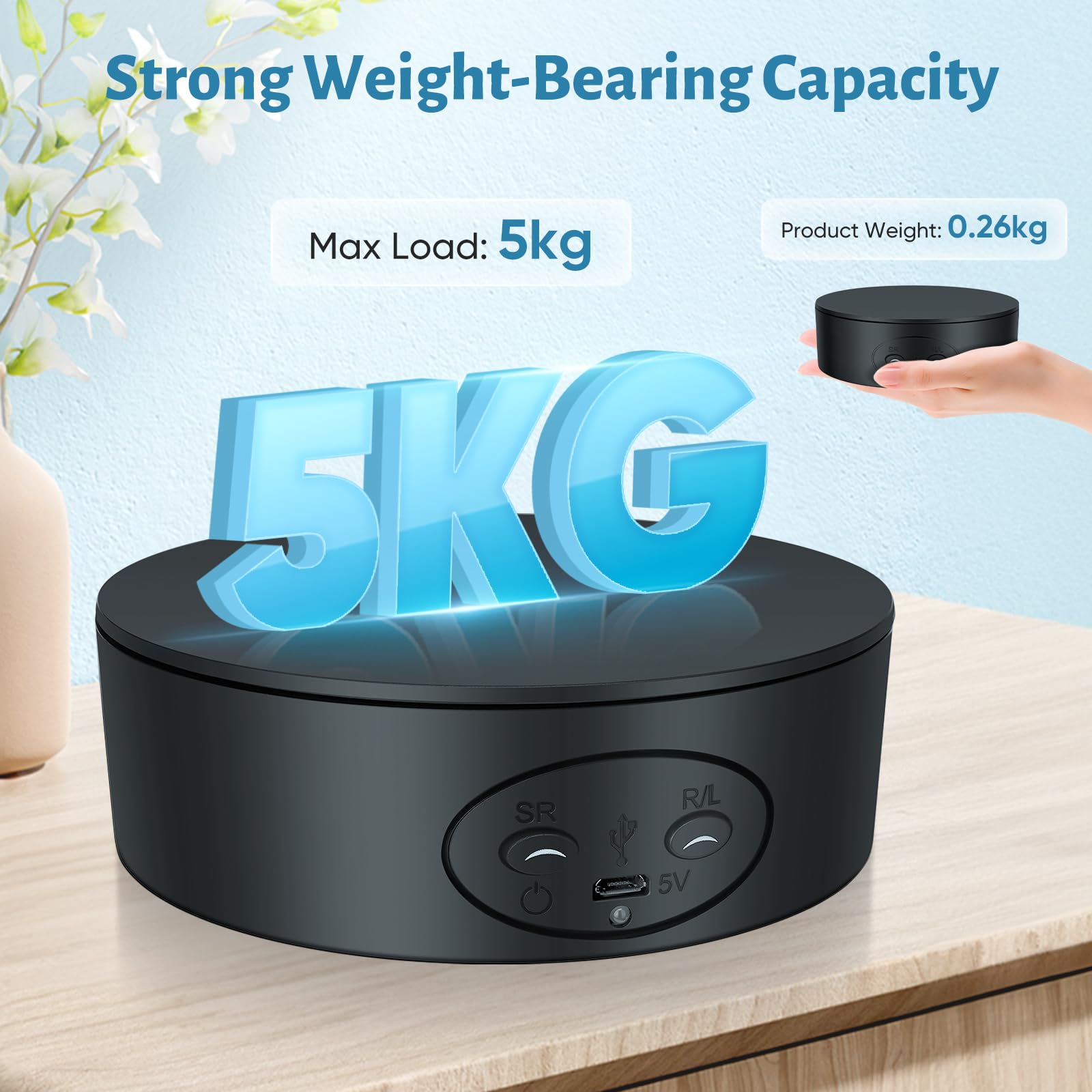 Piattaforma Girevole Elettrica, 13CM e 5KG Espositore Girevole Automatico a 360° con Direzione, Velocità Regolabile per Esposizione di Gioielli, Prodotti Digitali (Nero)