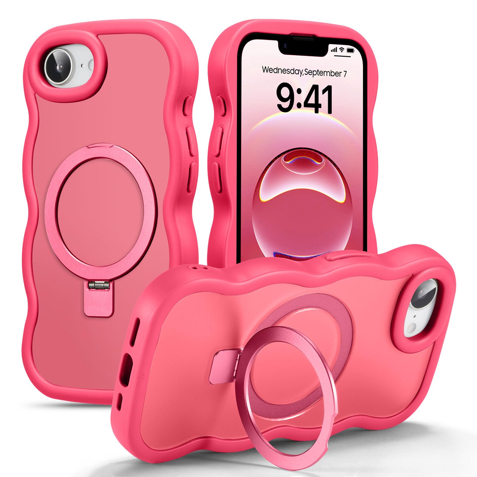 UEEBAI 対応 iPhone 17e/iPhone 16e 用の ケース 半透明 TPU ウェーブデザイン スマホケース 可愛い 人気 おしゃれ ケース Magsafe対応 横縦両立 薄型 軽量 マグネット搭載 波型 バンパー スマホケース - ホットピンク
