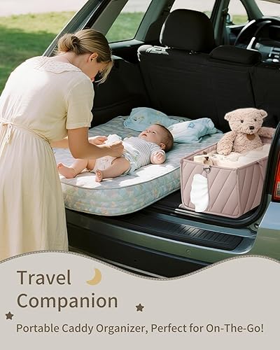 Miniatura 8 de Organizador de pañales, organizador de bebé para artículos esenciales, cesta de almacenamiento todo en uno con compartimentos, bolsillo