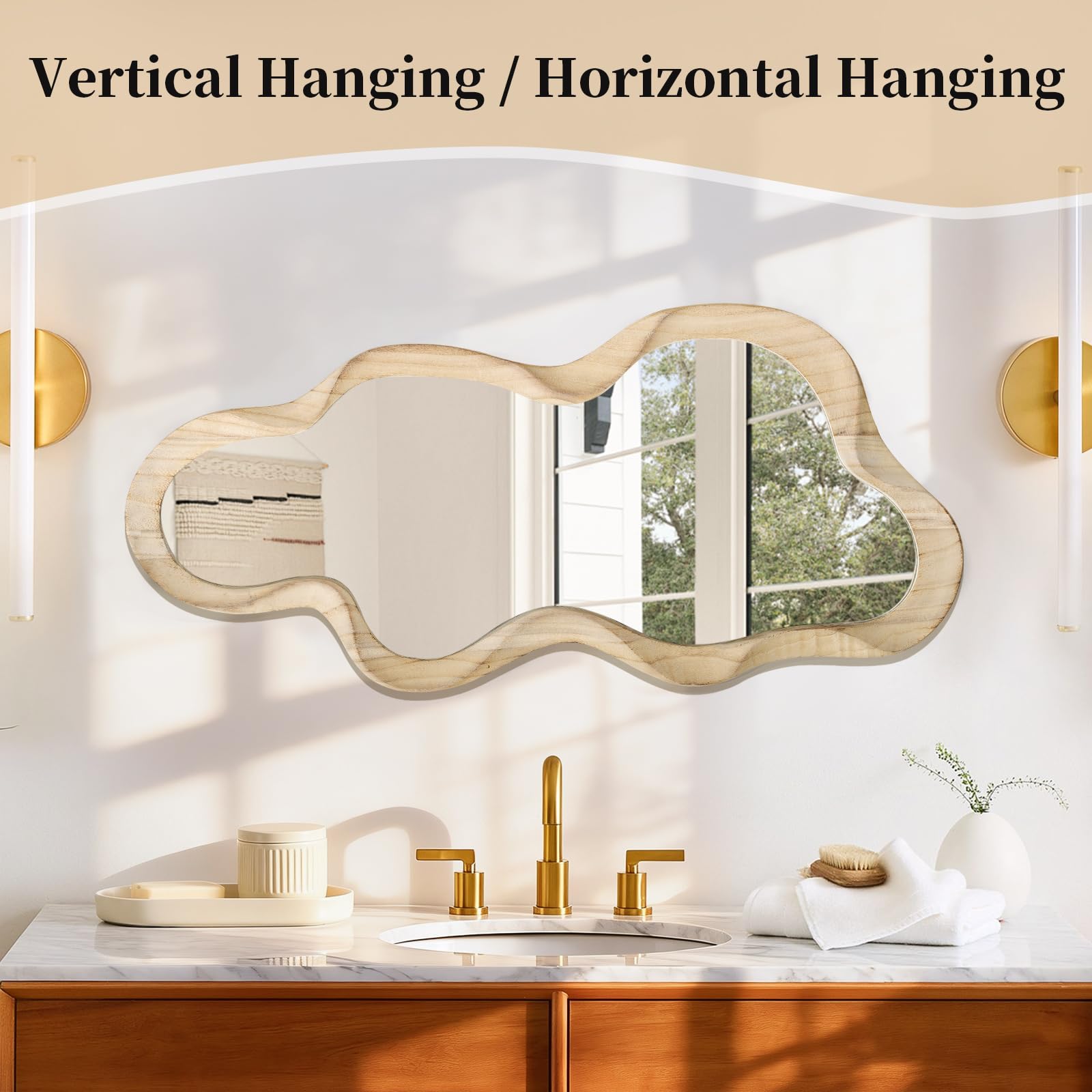 Espejo asimétrico para decoración de pared, gran espejo de pared moderno con marco de madera, forma única, espejo artístico montado en la pared, decorativo para sala de estar, dormitorio, baño