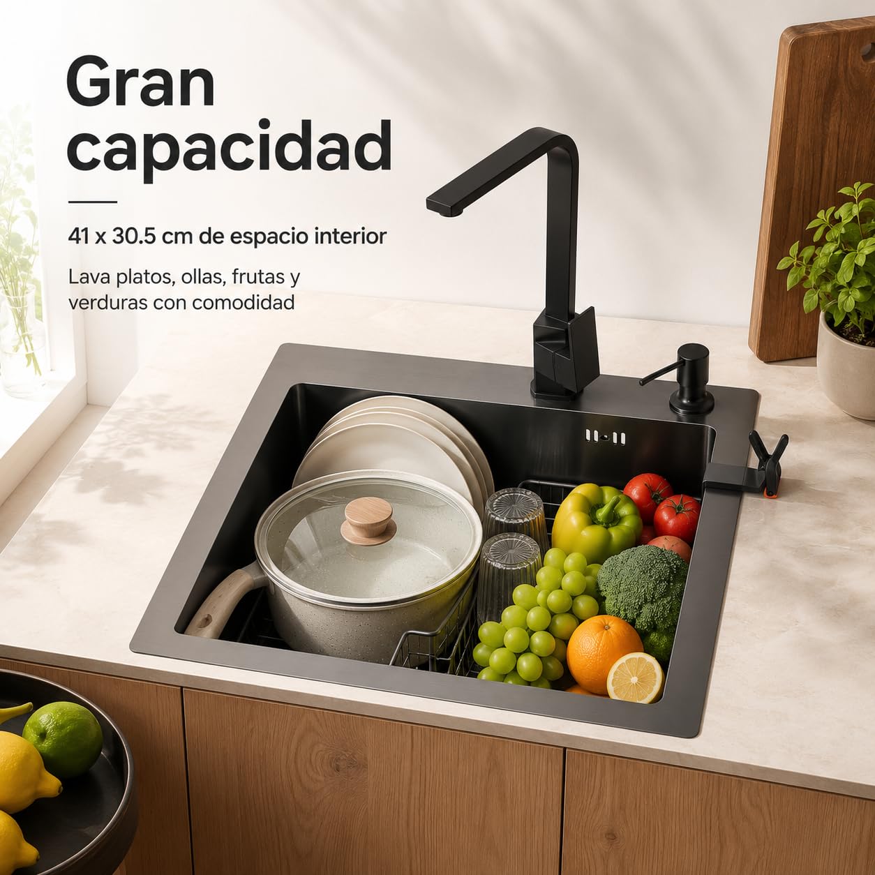 Fregadero de cocina negro de 45 x 40 cm, juego de fregadero con grifo, incluye escurridor y dispensador de jabón, grifo giratorio 360°, color negro mate, acero inoxidable 201