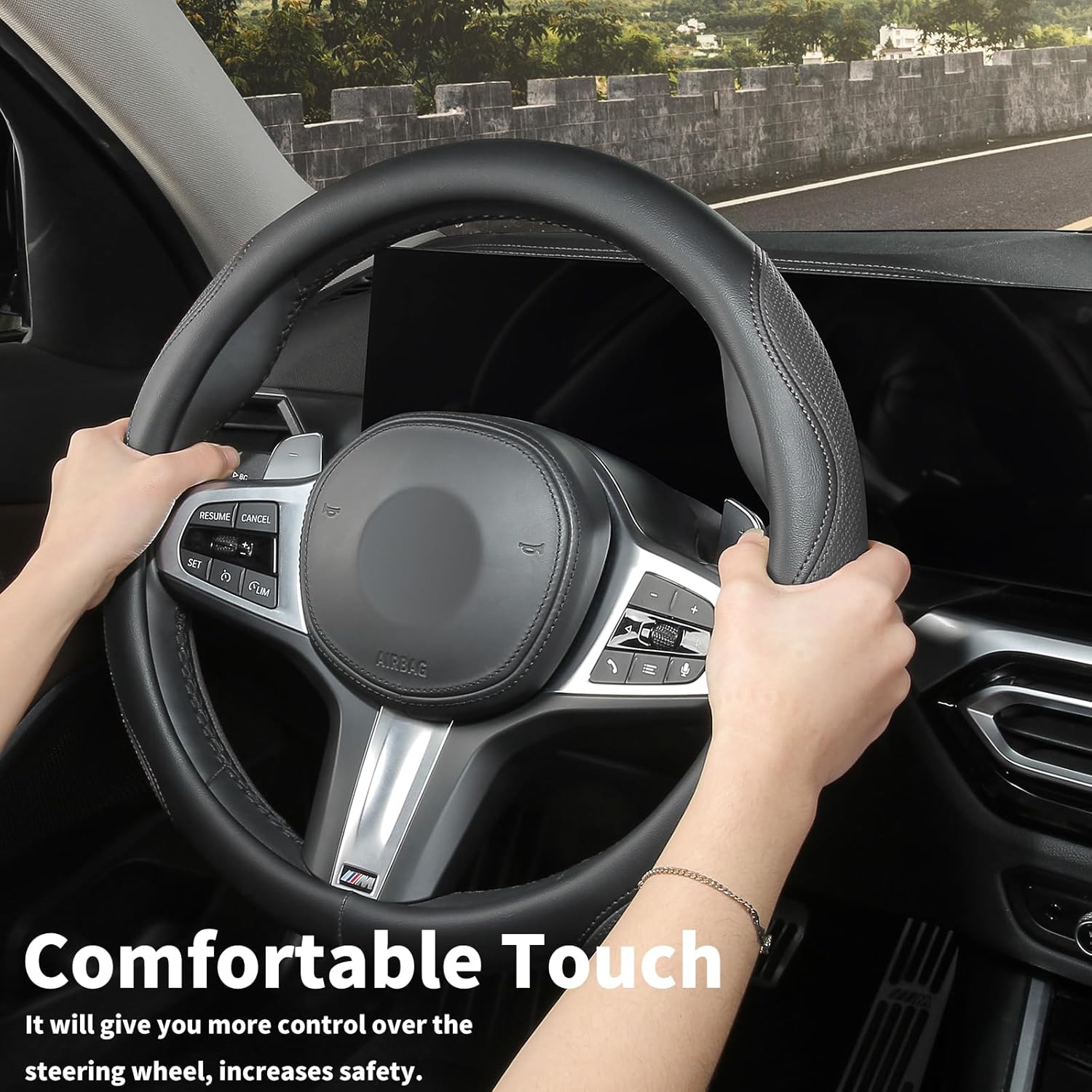 Custom-Fit for Dodge Steering Wheel Cover, Leather Double Sided Car Steering Wheel Covers, Breathable Anti-Slip, for Dodge Accessories (H-Black)