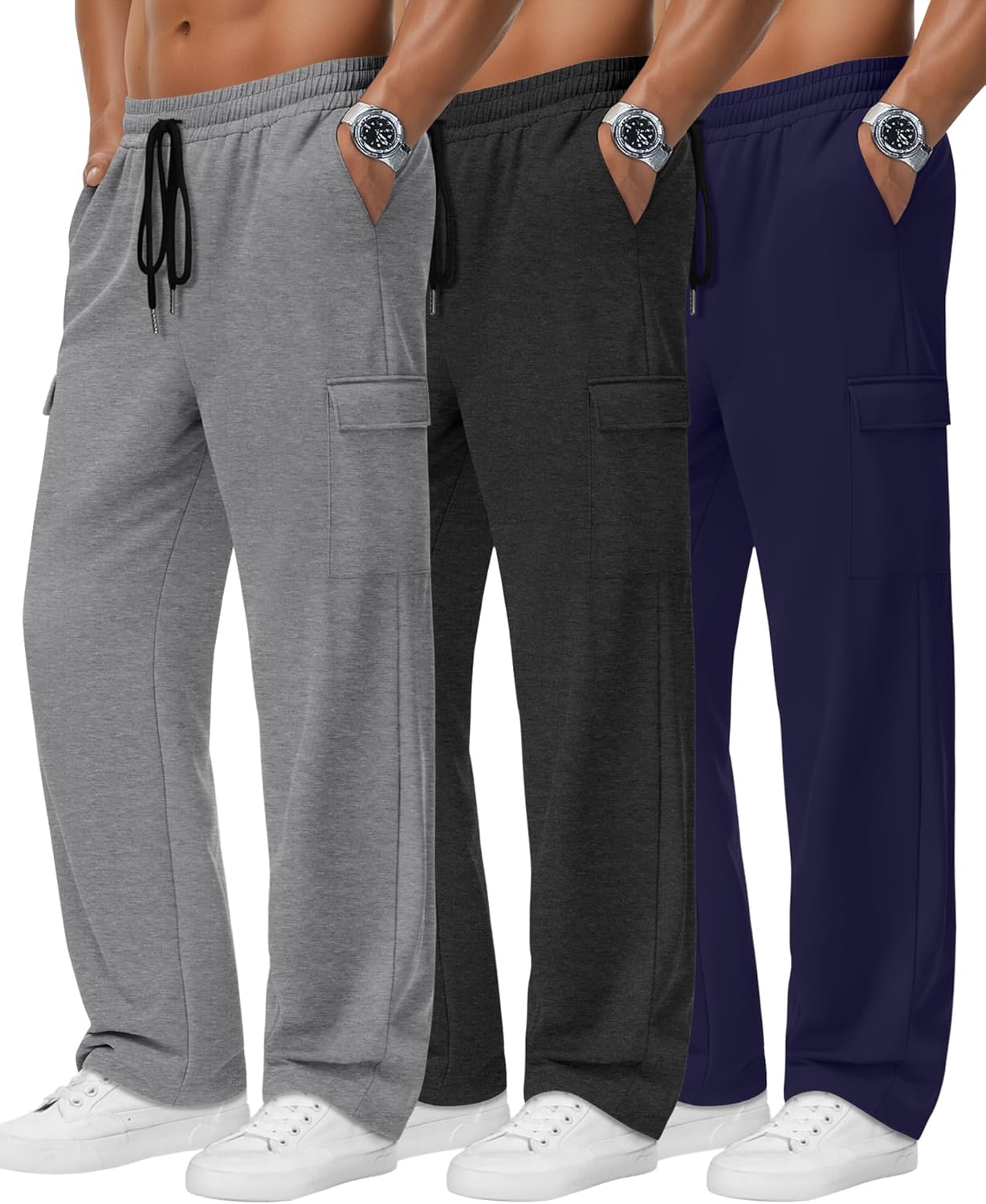 Neer 3 Pack Men's Baggy Cargo Sweatpants Open Bottom Joggers Straight Wide Leg Drawstring Lounge Pants with Pockets S to 3XL