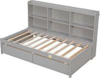 Vista 9 de Cama de plataforma individual con estantería lateral, plataforma moderna con cajones de almacenamiento, marco de cama de madera maciza