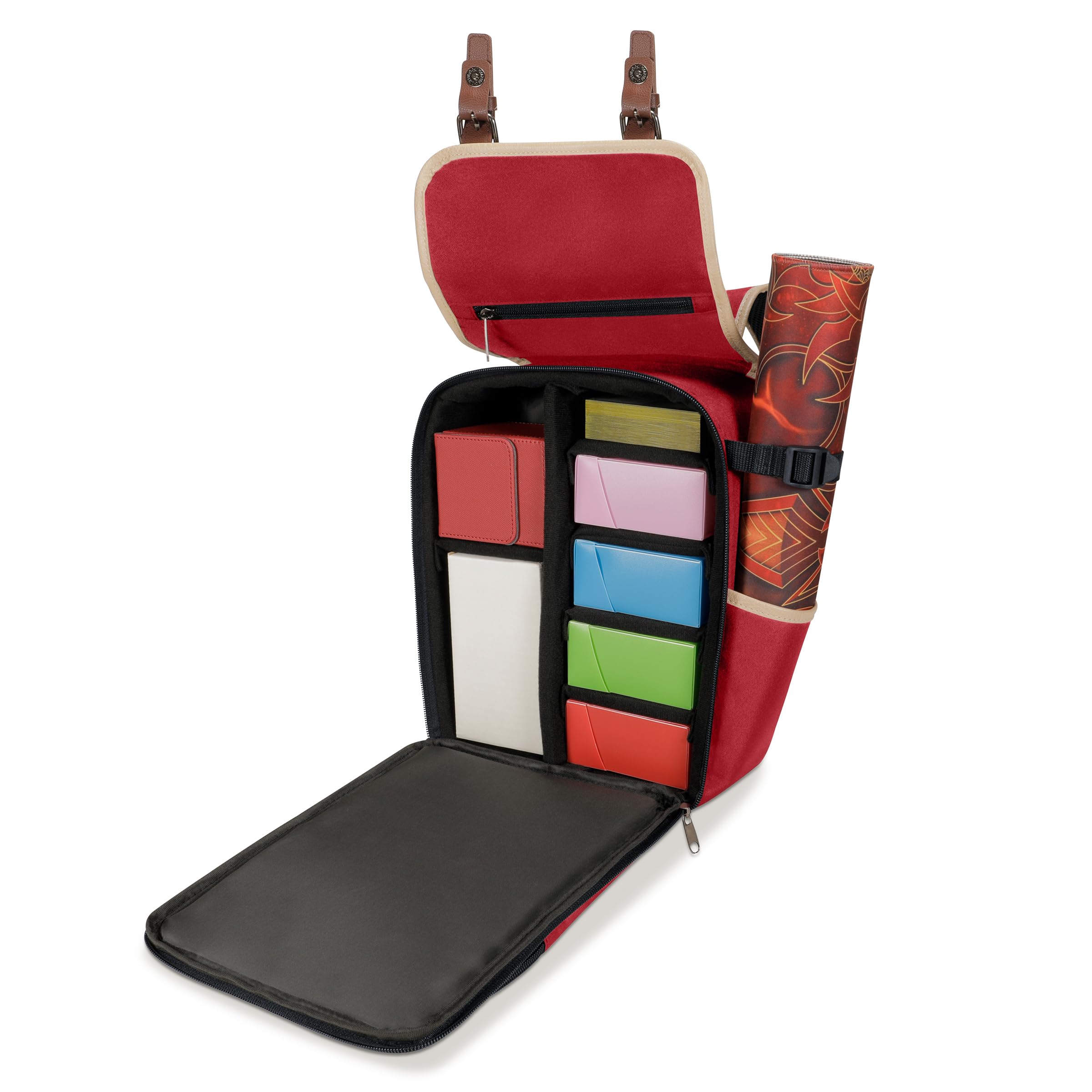 ENHANCE Zaino MTG Compatto Designer Edition con Interno Personalizzabile per Magic The Gathering, Lorcana e altri TCG - Tasche Accessori per dadi, Booster, Tracciatore di tag, Tasca Playmat (Rosso)