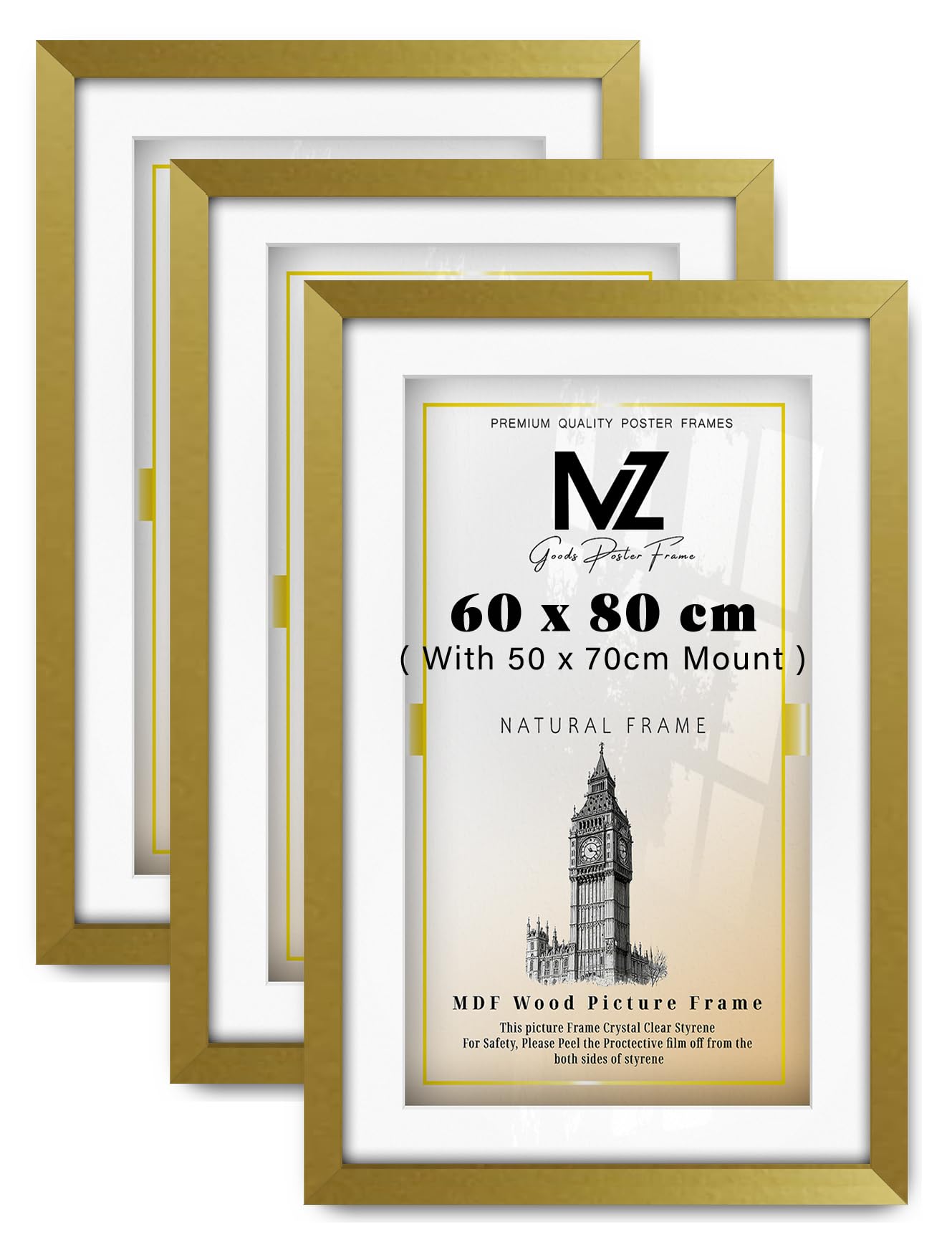 MZ GOODS pack of 3 MDF Elegant Poster Frame (60 x 80 cm) With (27.55 x 19.68 Inch) White Mount Modern Hanging | 32" x 24" Certificate, Painting, Diploma, Photo Display [ Gold ]