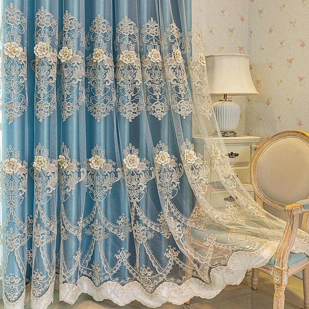 Amidoudou 1 Pair European Double Layer Curtain with Sheer Curtains for Living Room 3D Flower Double Layer Curtains for Bedroom (Blue,51x90 Inch)