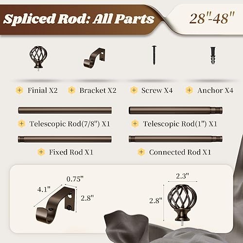 Miniatura 9 de Barras de cortina para ventanas de 28 a 48 pulgadas (2.3 a 4 pies), barra de cortina decorativa pequeña de bronce ajustable, barra de cortina