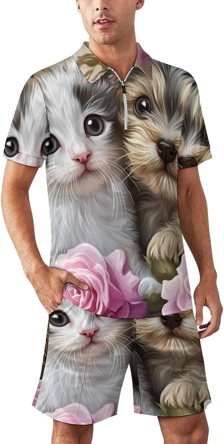 Rose Flower Sweet Love Puppy Kitten Mens Polo Shirts Track Suits 2 Piece Short Sleeve Sweatsuit 1/4 Zip Golf Loungewear for Sports