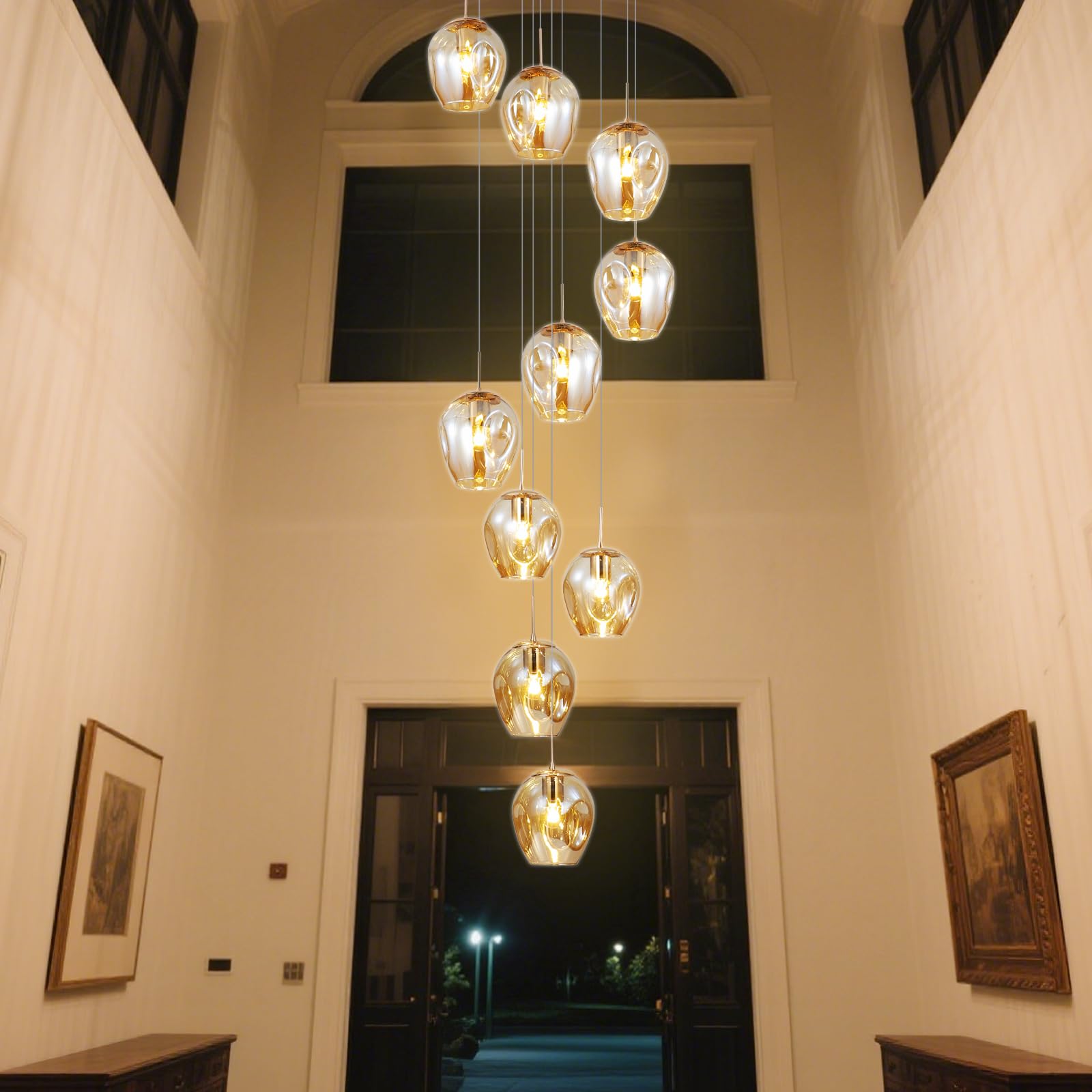 Pendelleuchte 10 Flammig Treppenhaus Glaskugeln Lampe Lang Decke Hängelampe,Längenverstellbare Hängeleuchte Kugelleuchte,Kugel Glas Hängend Deckenleuchte für Galerie,Treppenspirale,Flur