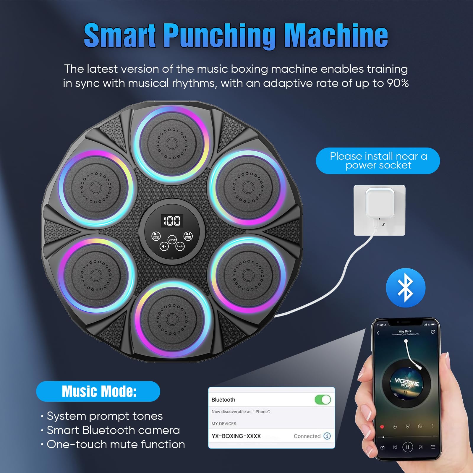 Kouamor Music Boxing Machine con guanti, 2025, macchina da boxe intelligente Bluetooth, montaggio a parete, per bambini e adulti, gioco di boxe per famiglia, 9 velocità, 9 modalità di allenamento