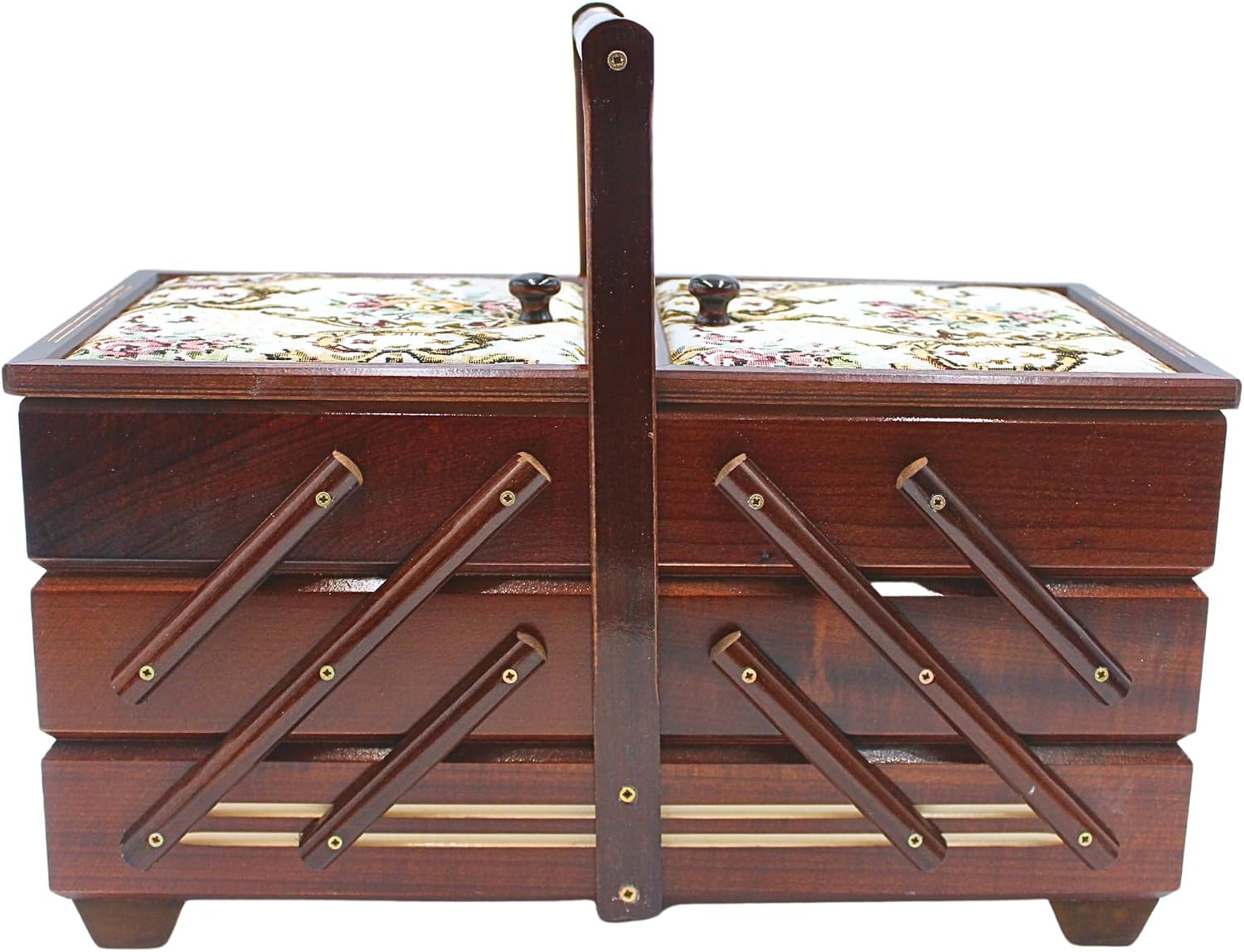 High-Quality Sewing Box, Sewing Box Made of Veneer Wood with 7 Compartments and Fabric Cover Rose Motif in Brown, L/W/H 42 x 20 x 21 cm