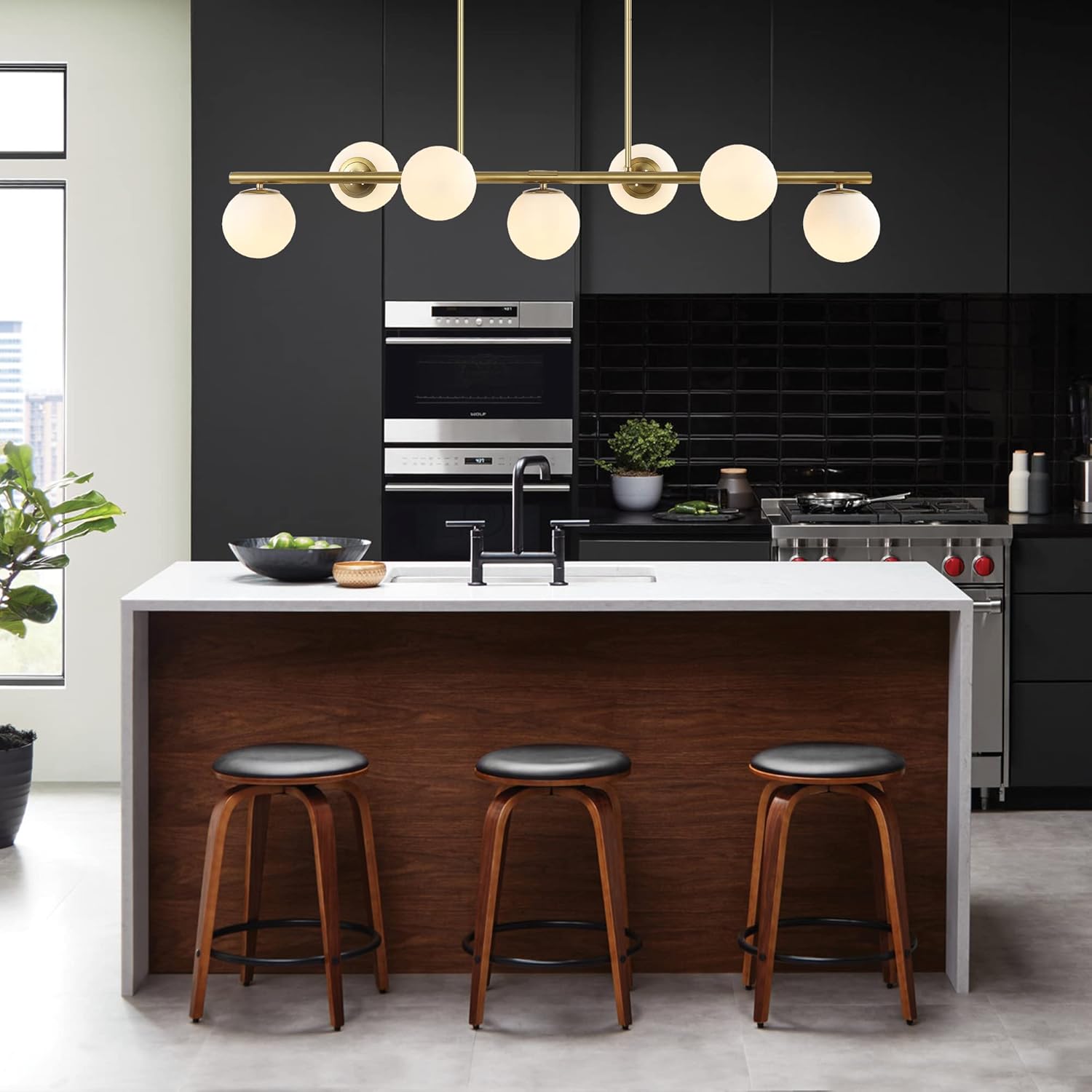 JONATHAN Y 53" Brass Gold 7-Light Linear Pendant for Kitchen Island Decor, Modern Midcentury Glam Chandelier, Frosted White Glass Globe Shades, LED Bulbs Included JYL7573A