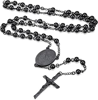 Rosary Beads Catholic Necklace for Women Saint Christopher/Michael/Virgin Mary Pendant Stainless Steel Crucifix Cross Charm Extra Long Chain Christian Amulet (6 Colours)