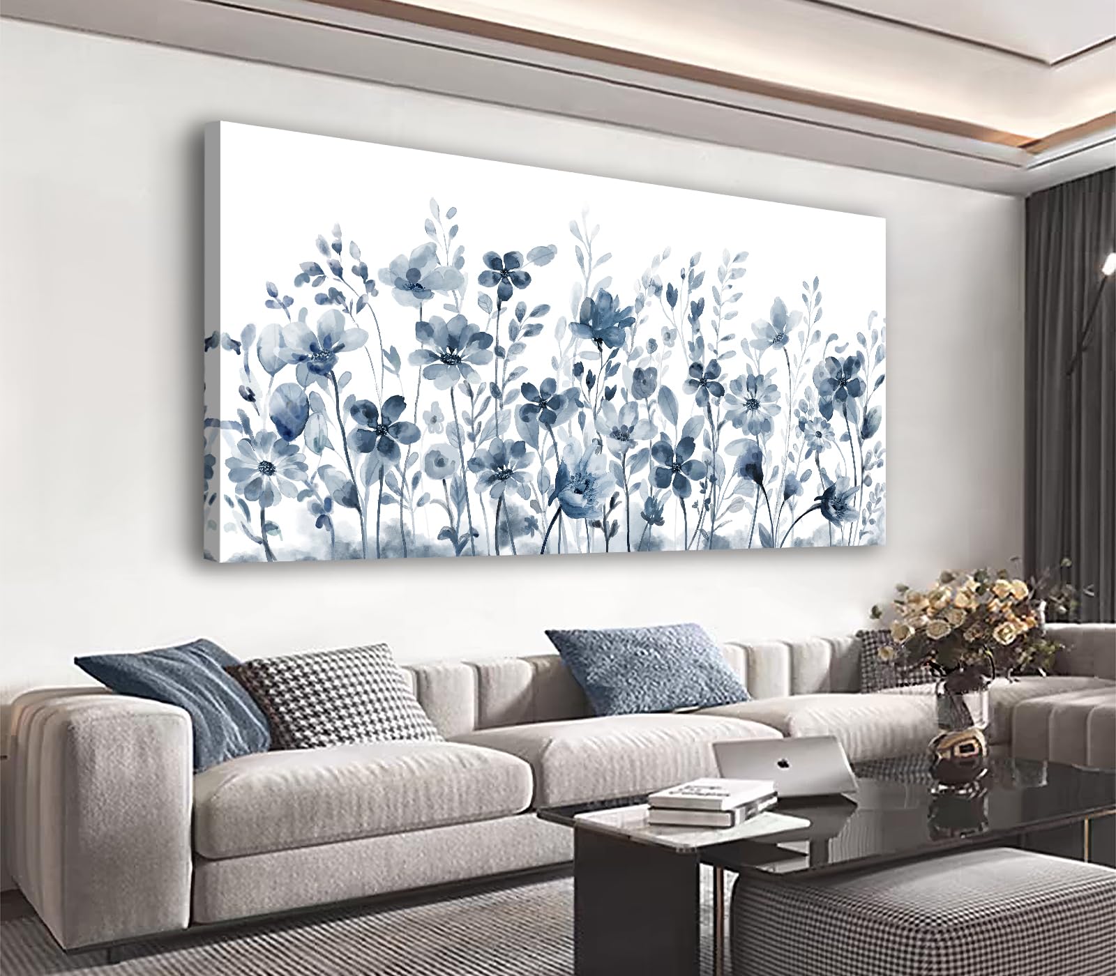 Large Flowers Wall Art for Living Room Decor Framed Art Indigo Wildflower Canvas Pictures Abstract Artwork Navy Blue Floral Canvas Prints for Bedroom