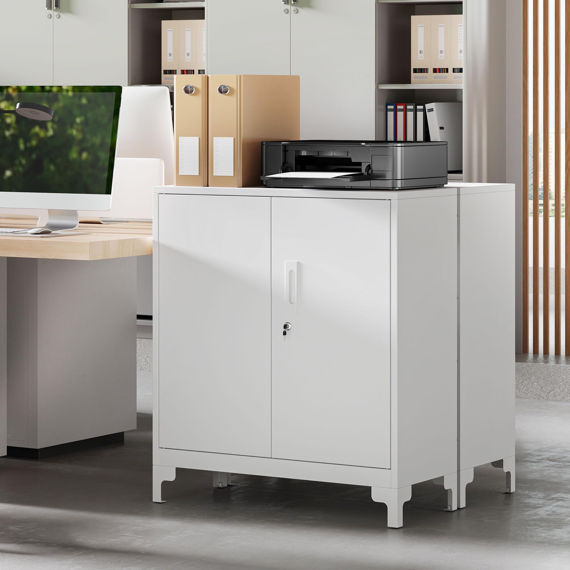HOMCOM Aktenschrank Büroschrank Abschließbar Mehrzweckschrank mit 2 Ebenen, 2 Türen, Metallschrank Aufbewahrungsschrank Allzweckschrank 80 x 35 x 91 cm Weiß