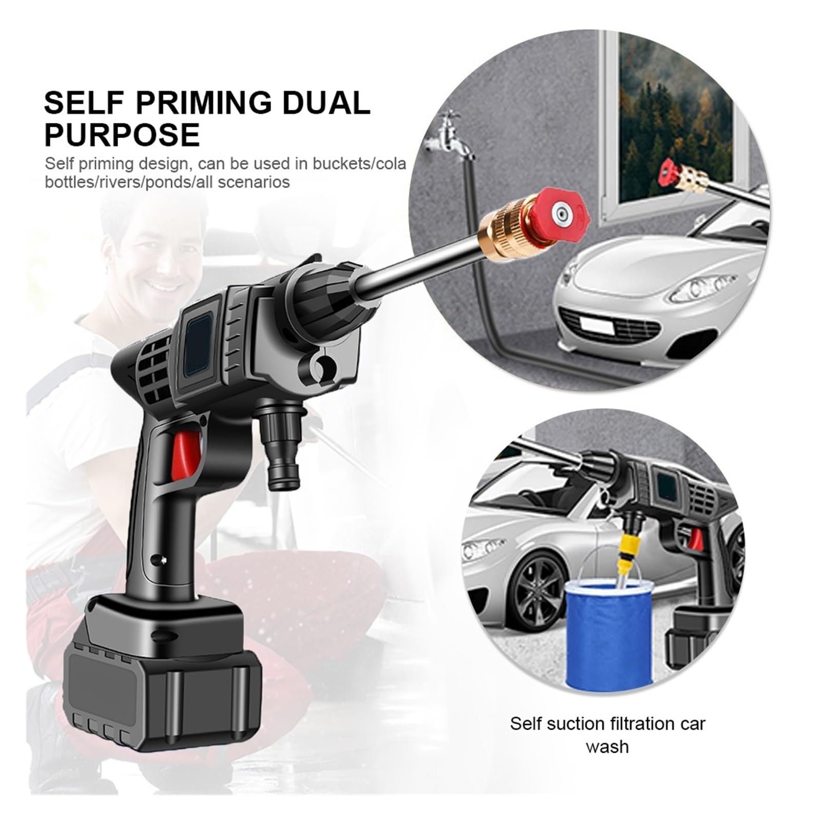 Pistola De Lavado Coches Eléctrica Alta Presión Inalámbrica 30BAR, Boquilla Multifunción, Limpiador Portátil Espuma, Chorro En Aerosol For Jardín Limpieza Eficiente(Five Cells)