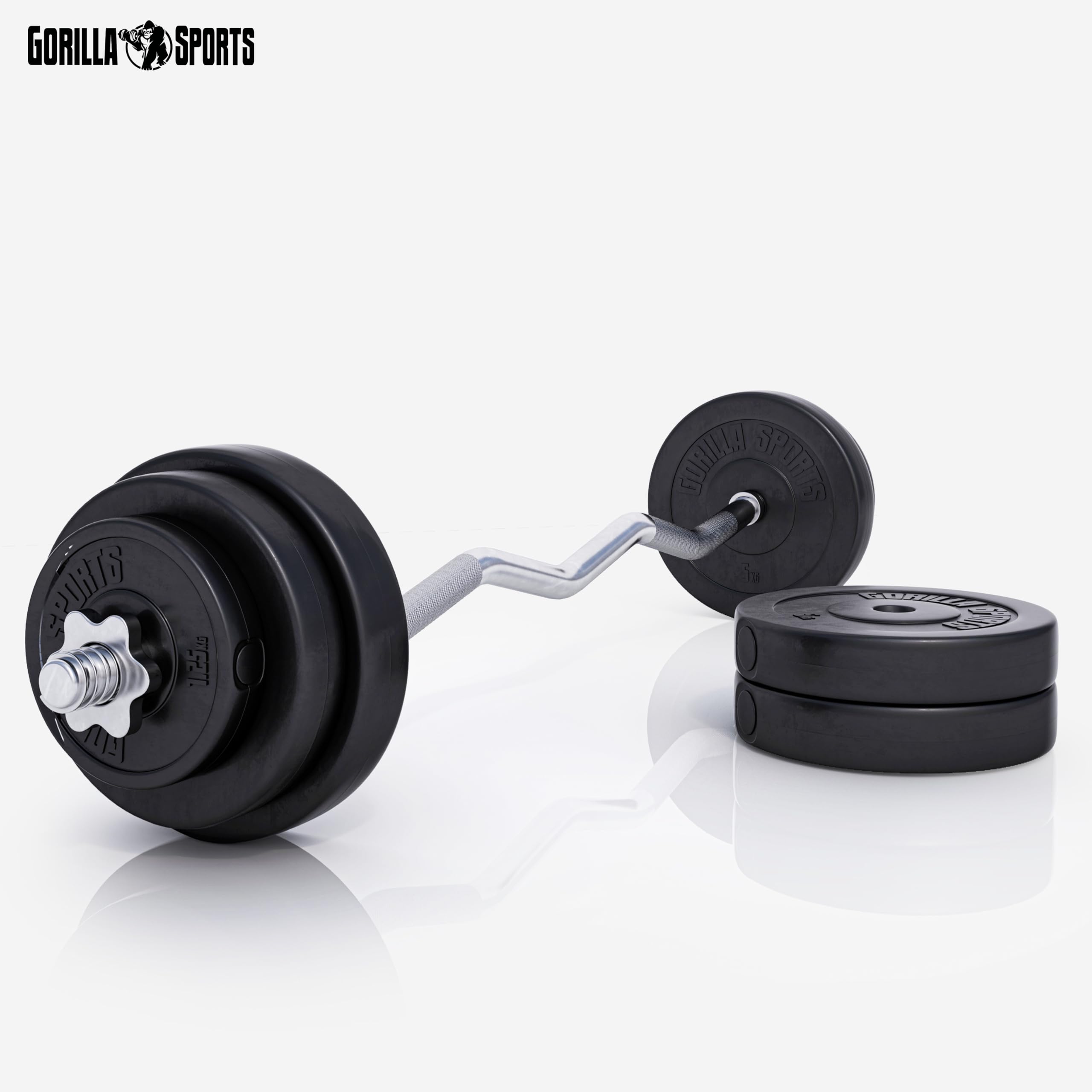 GORILLA SPORTS® Set Bilanciere con Pesi – 35kg, Barra Curva EZ 120cm, Ø30mm, Dischi in Plastica con Riempimento in Cemento, 2 Chiusure a Stella – Bilanciere Curl, Dischi, Palestra da Casa, Fitness