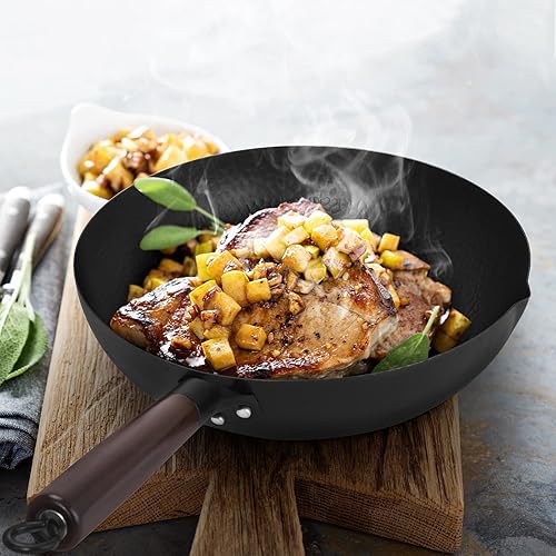 Miniatura 7 de Wok de acero al carbono martillado a mano, espátula asiática con tapa de madera con asa – Sartén para cocina china, japonesa y cantonesa – Wok de