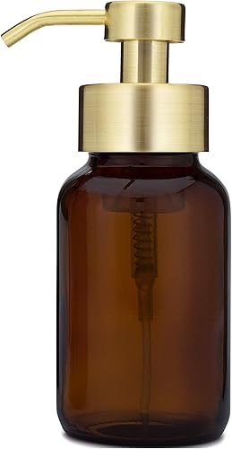 Rail19 Dispensador de jabón espumoso de boticario de vidrio ámbar con bomba de metal, para encimera de cocina y baño, 8.5 onzas (dorado) Rail19 Dispensador de jabón espumoso de boticario de vidrio ámbar con bomba de metal, para encimera de cocina y baño, 8.5 onzas (dorado)
