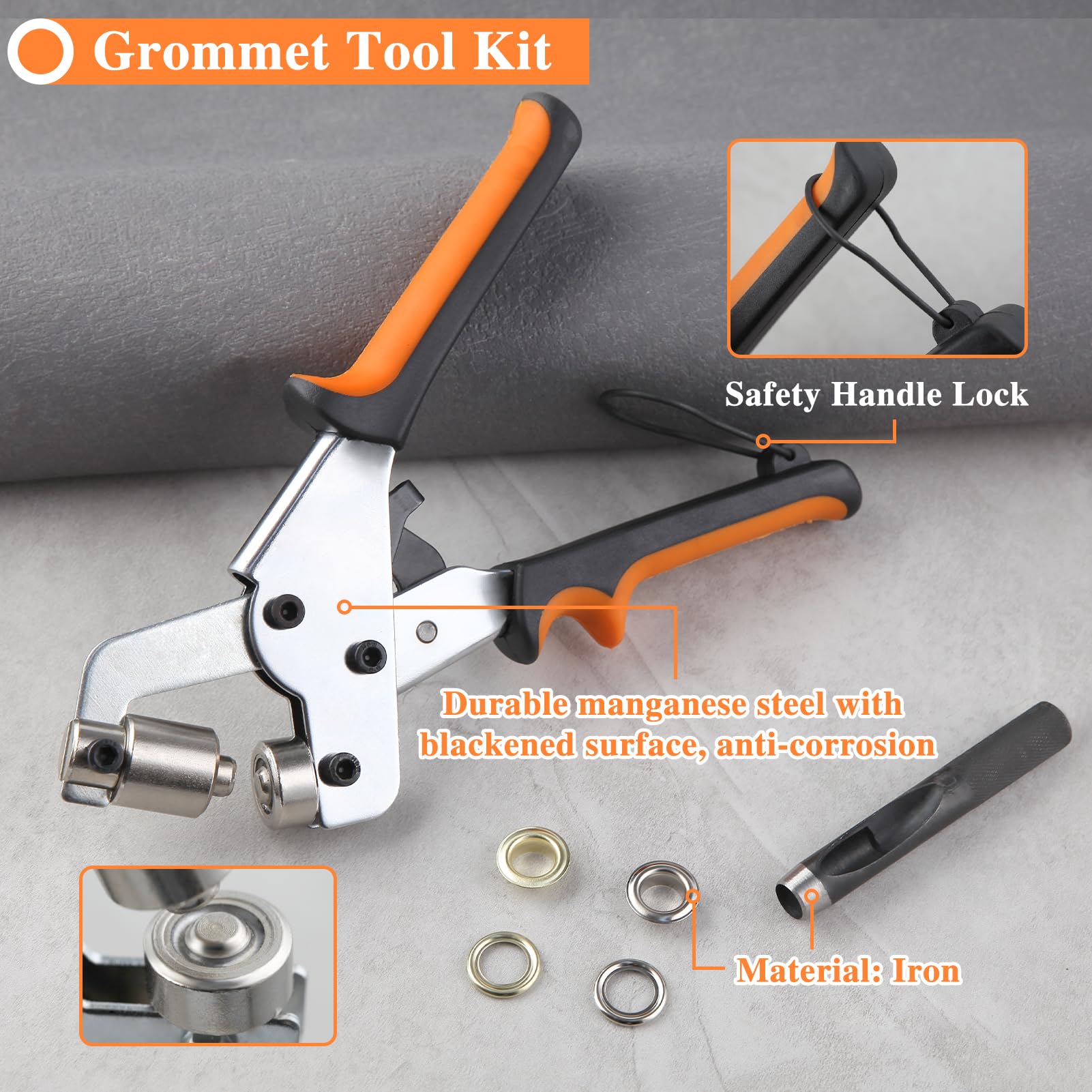 LEONTOOL Kit de herramientas de ojales, kit de alicates de ojales de prensa de mano, alicates de ojales con 500 ojales de metal y ojales para tela, cuero, lona y pancarta (oro y plata, 7/16 pulgadas,