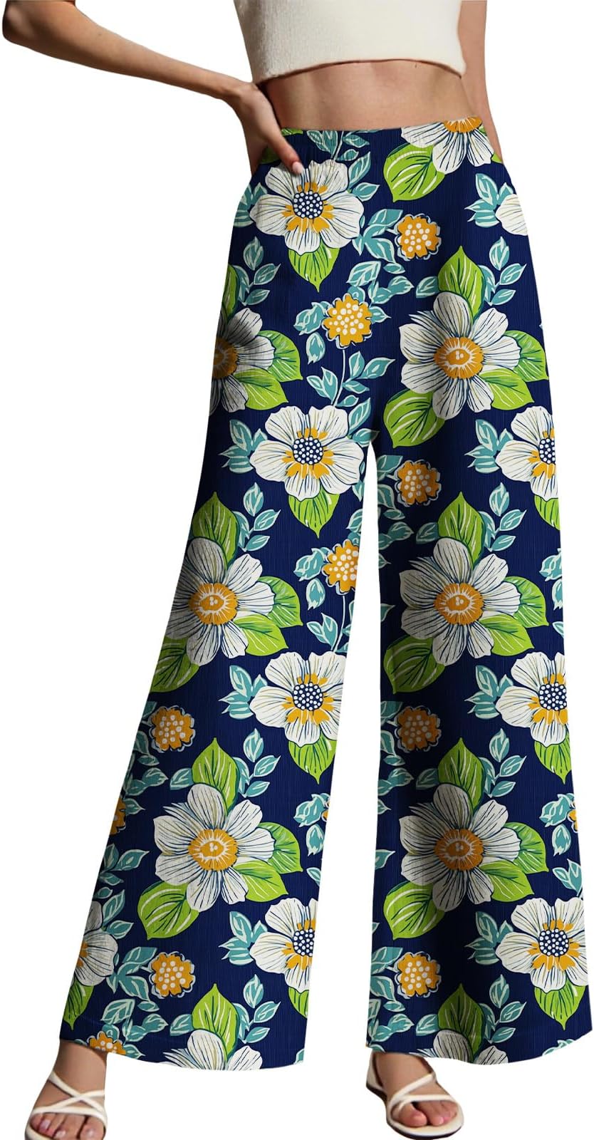Women's High Waist Wide Leg Pants Floral Print Fall Breathable Casual Loose Fit Trousers for Everyday Outfits