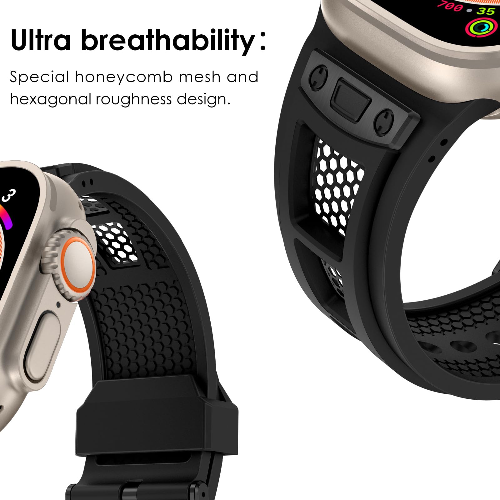 NewWays for Apple Watch Ultra Band 49mm 45mm 44mm 42mm for Men, Hexagonal Titanium Mesh Wide Sport Liquid Silicone Rubber Band for Apple Watch Band iWatch Ultra Luxury Design, Black w/Balck Hardware