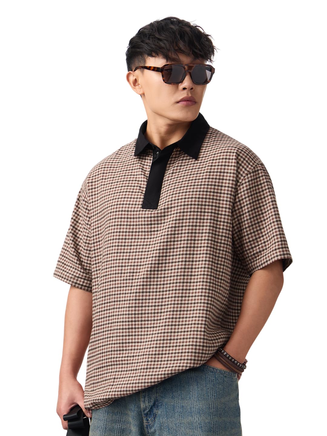 Oversized Polo: Fondue Men and Boys Short Sleeves Polo Neck Beige Check Cotton Breathable Everyday Casual Streetwear Oversized Polos-image-5