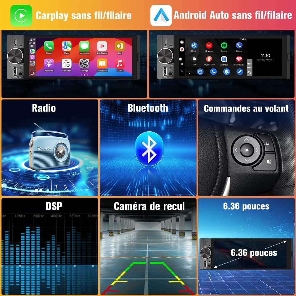 AWESAFE Autoradio Carplay 1 DIN avec Écran Tactile HD 6,36" | CarPlay & Android Auto sans Fil | Bluetooth 5.0 | FM | USB Type-C | Commande Vocale | avec Caméra de Recul