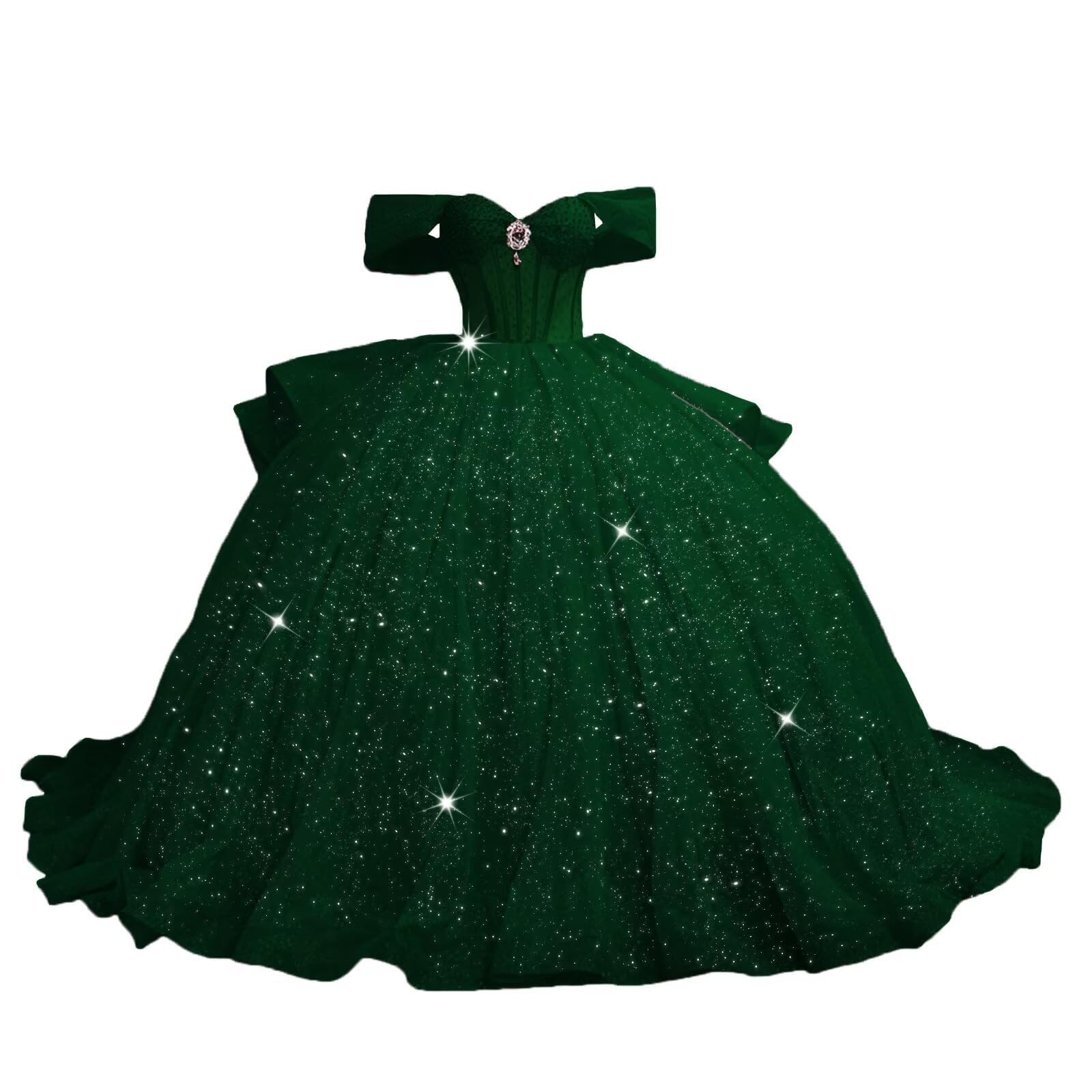 Uiykhr Beading Rhinestone Quinceanera Dresses with Bow Off Shoulder Sweet 15 Dresses Puffy Tulle Quince Dress with Train