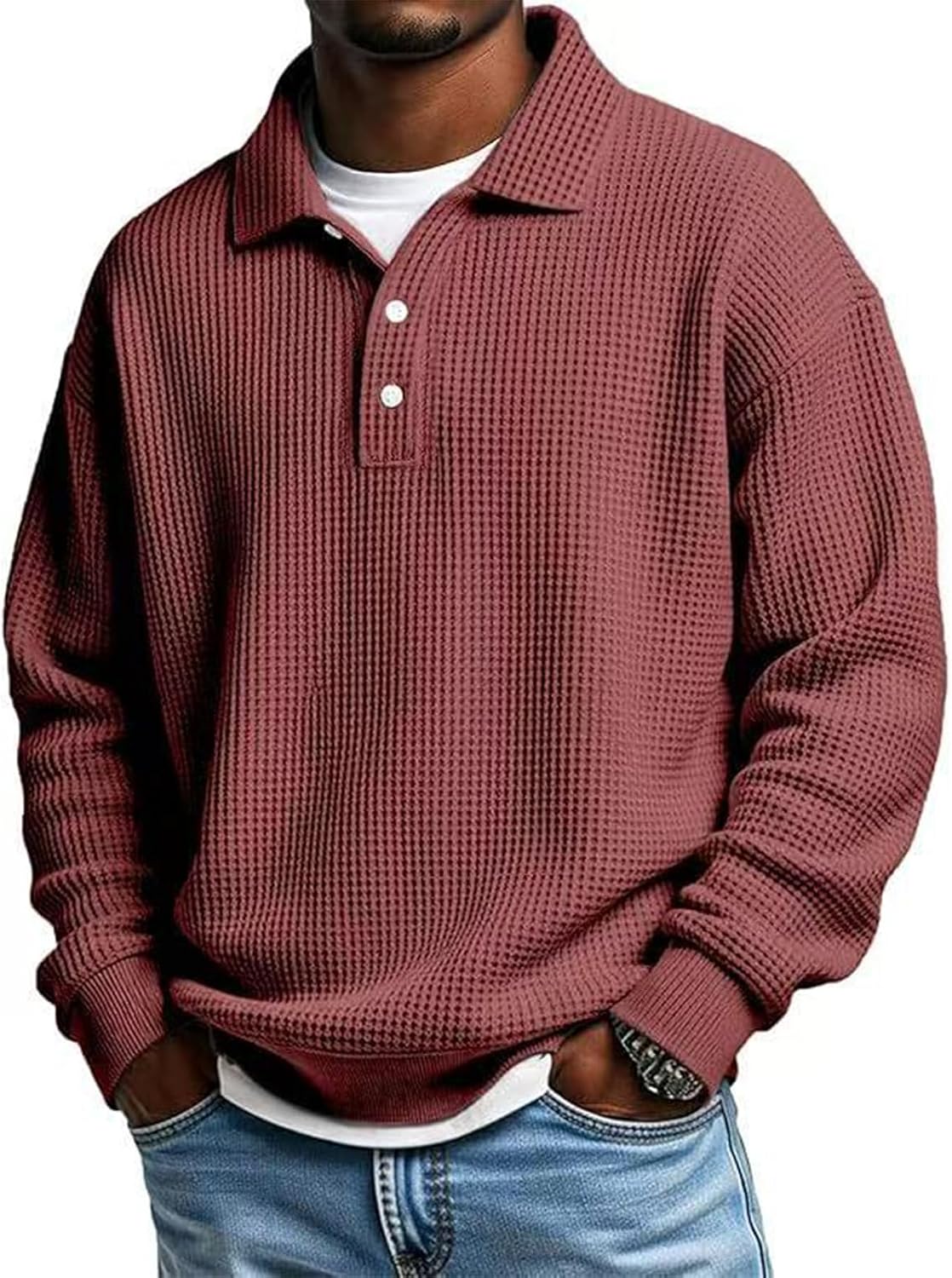 Men's Waffle Shirt Casual Long Sleeve Polo Shirts Quarter Button Pullover Tops T-Shirt Fashion Fall Clothes