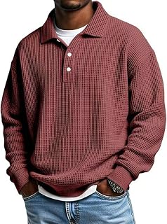 Waffle T Shirts for Man Long Sleeve Quilted Knit Plain Graphic Sweat Polo Shirts Lapel Button Up Baggy Pullover Tops
