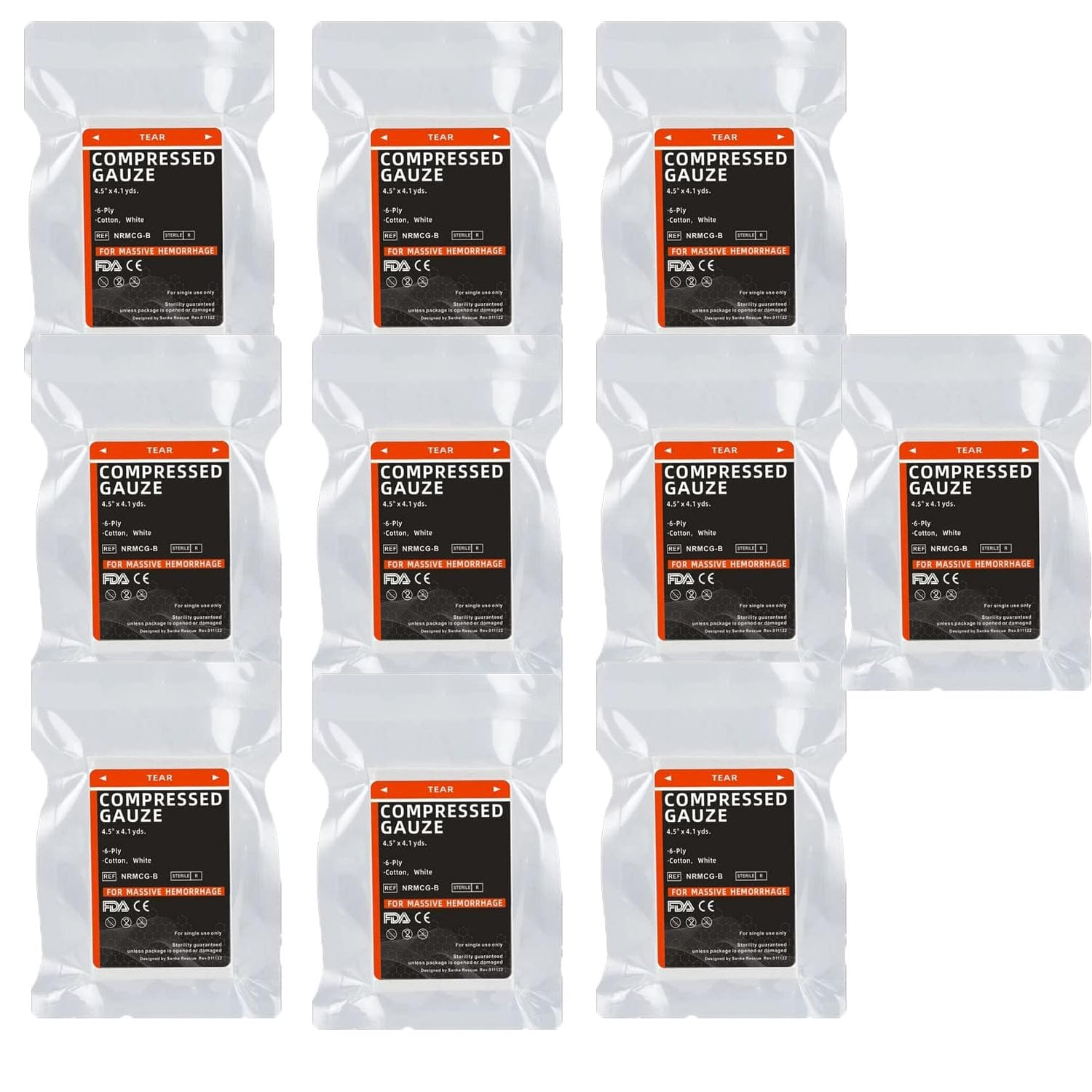 10 pacchetti di garze sterili compresse piegate a Z da 4,5" x 4,1 iarde, essenziali per il primo soccorso e l'arresto dell'emorragia, per uso domestico, medico e tattico di emergenza.