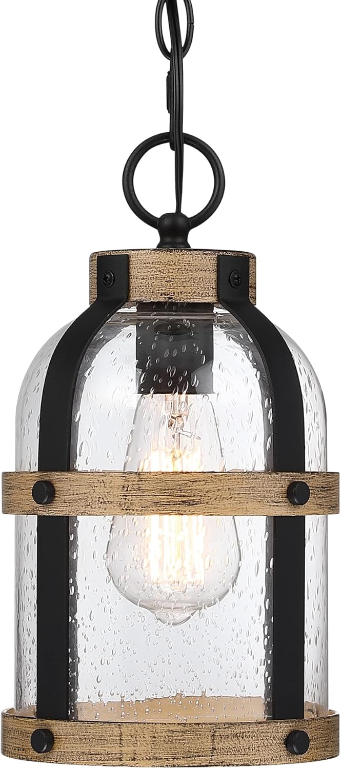 Outdoor Pendant Light for Porch,Modern Exterior Hanging Lantern with Adjustable Chain, in Black and Wood Grain Finish with Seeded Glass for Front Door,Entryway,Farmhouse (Wood Grain)
