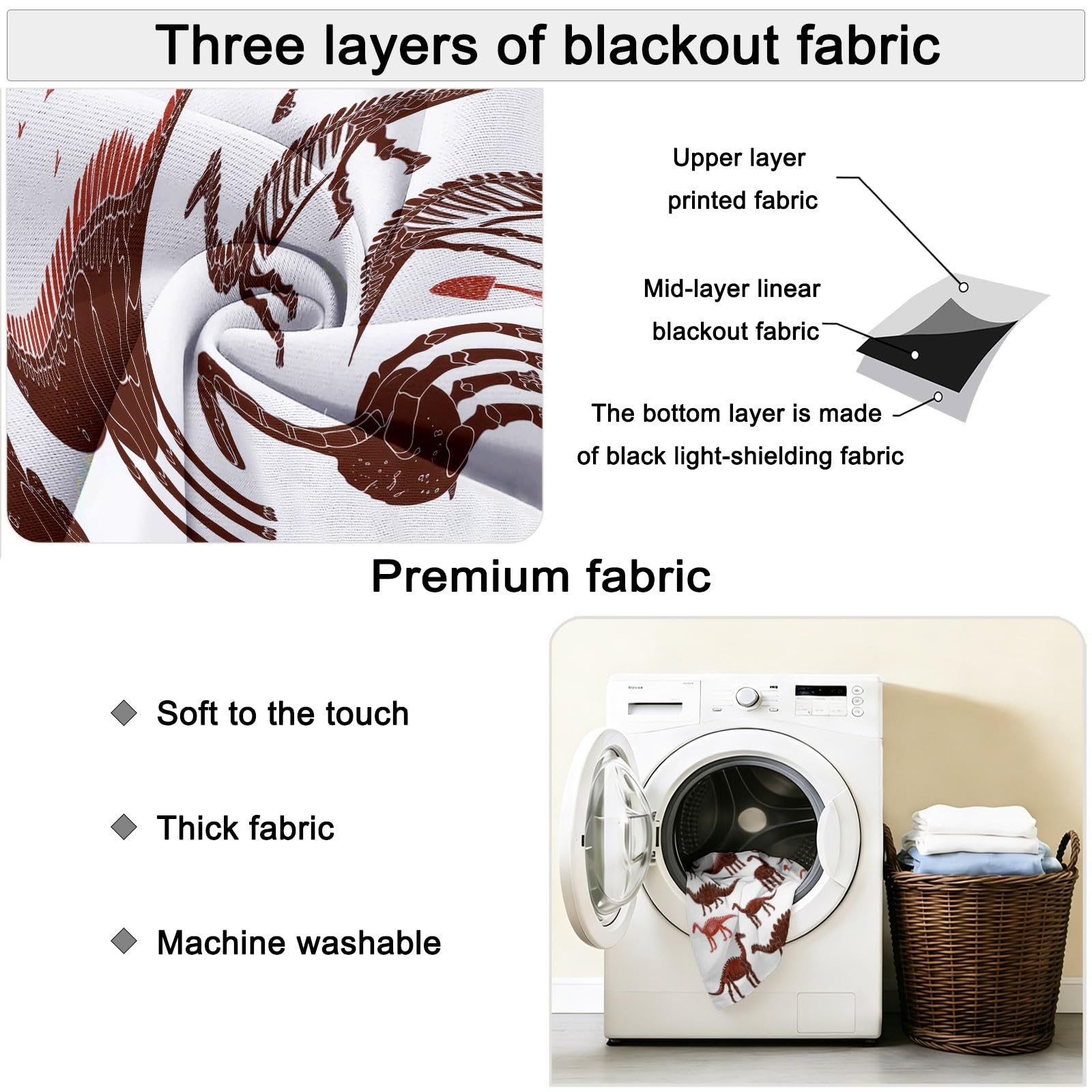Rideaux Isolants 110L X 215H cm (2 Panneaux), Design Moderne Squelette De Dinosaure Marron, Tenture Opaque Anti-Chaleur pour Chambre Principale, Blanc
