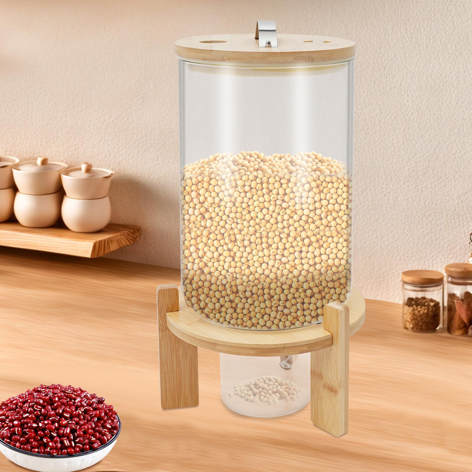 Dispenser per cereali in vetro 7,5 l coperchio in bambù con supporto in legno e vetro dosatore, dispenser per cereali, vassoio per riso ermetico per farina avena leguminosa cucina, altezza 45 cm