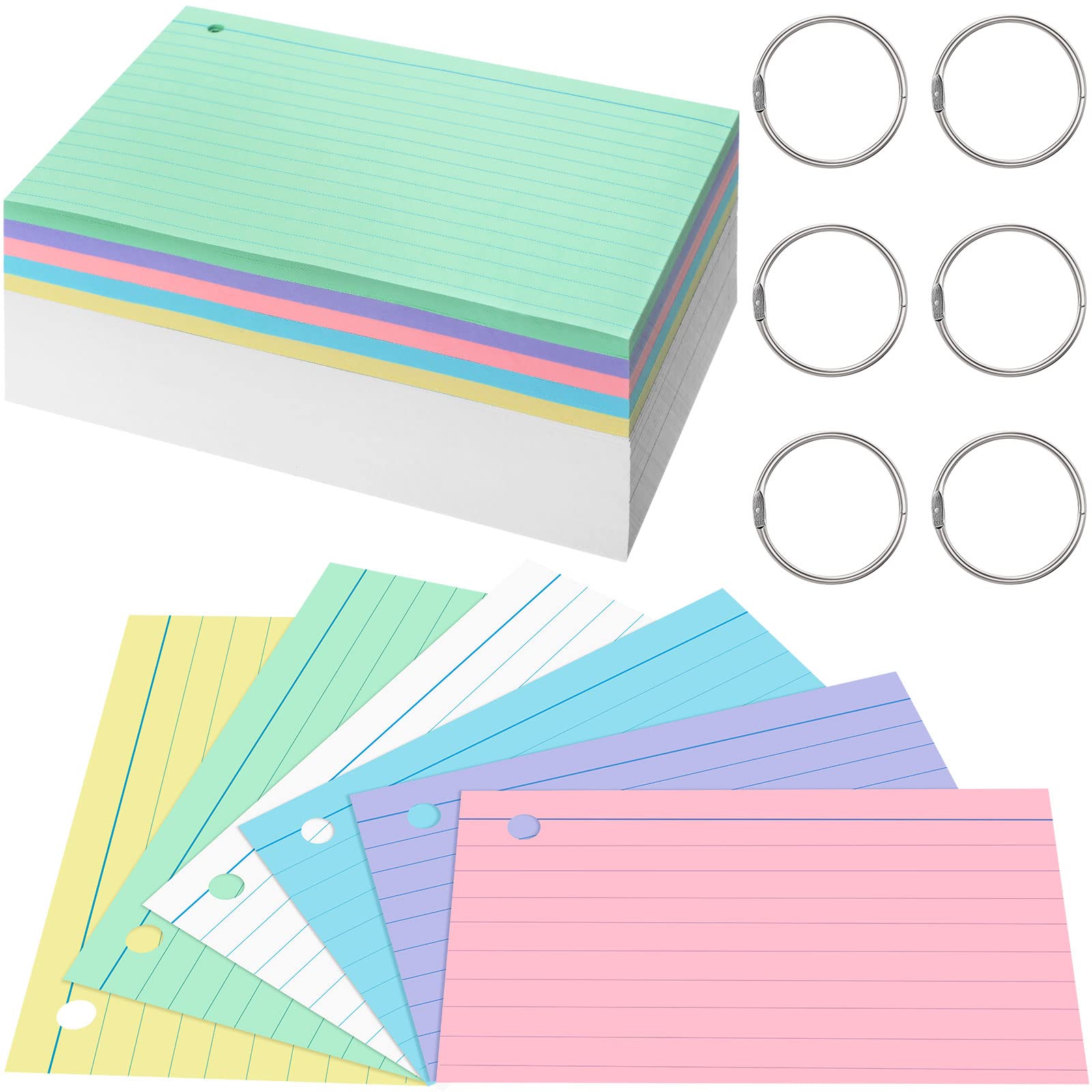 Epakh 300 Stück linierte Karteikarten, 180 g/m², dicke Karteikarten mit Ringen, gelocht, Schulanfang, für Studium, Erwachsene, Zuhause, Uni, Büro (12,7 x 20,3 cm, helle Farbe)